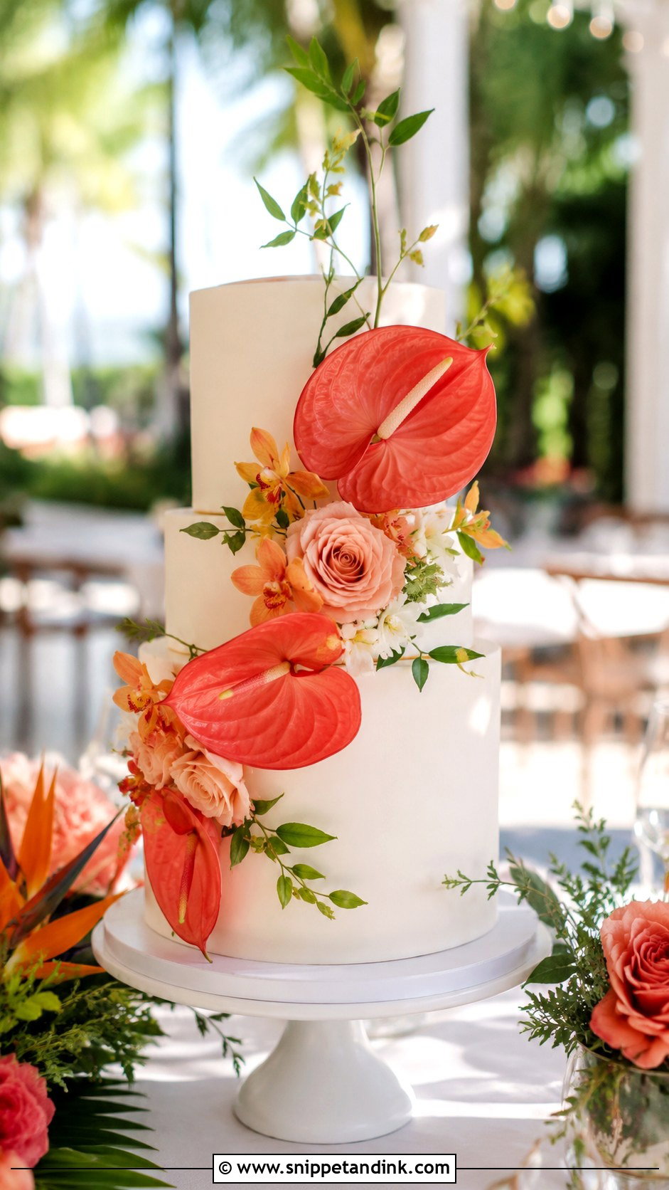 Coral Anthurium Wedding Cake - Snippet and Ink - 20 Anthurium Wedding Cake Ideas
