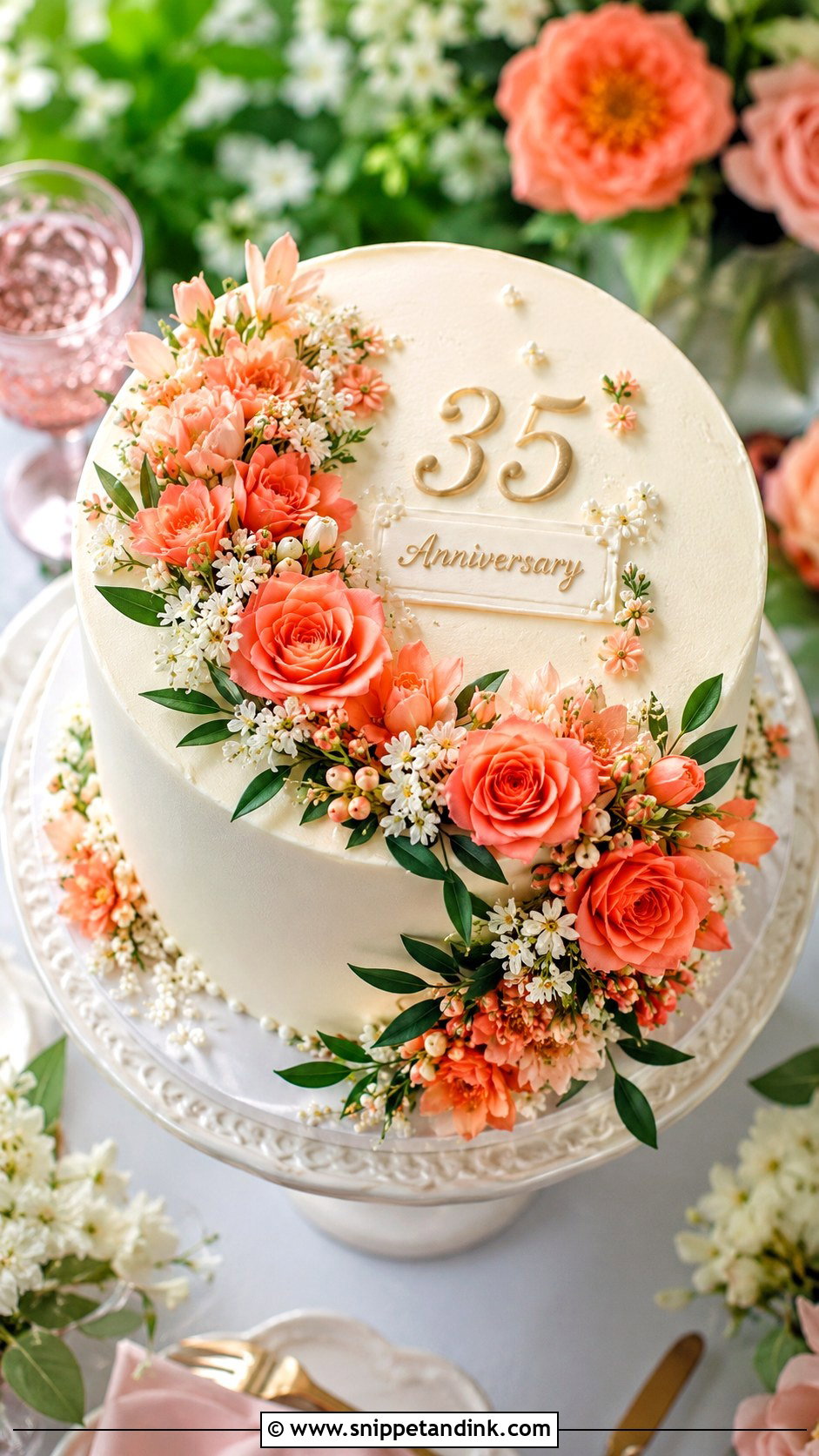 Coral Floral Anniversary Cake - Snippet and Ink - 20 35th Anniversary Cake Ideas