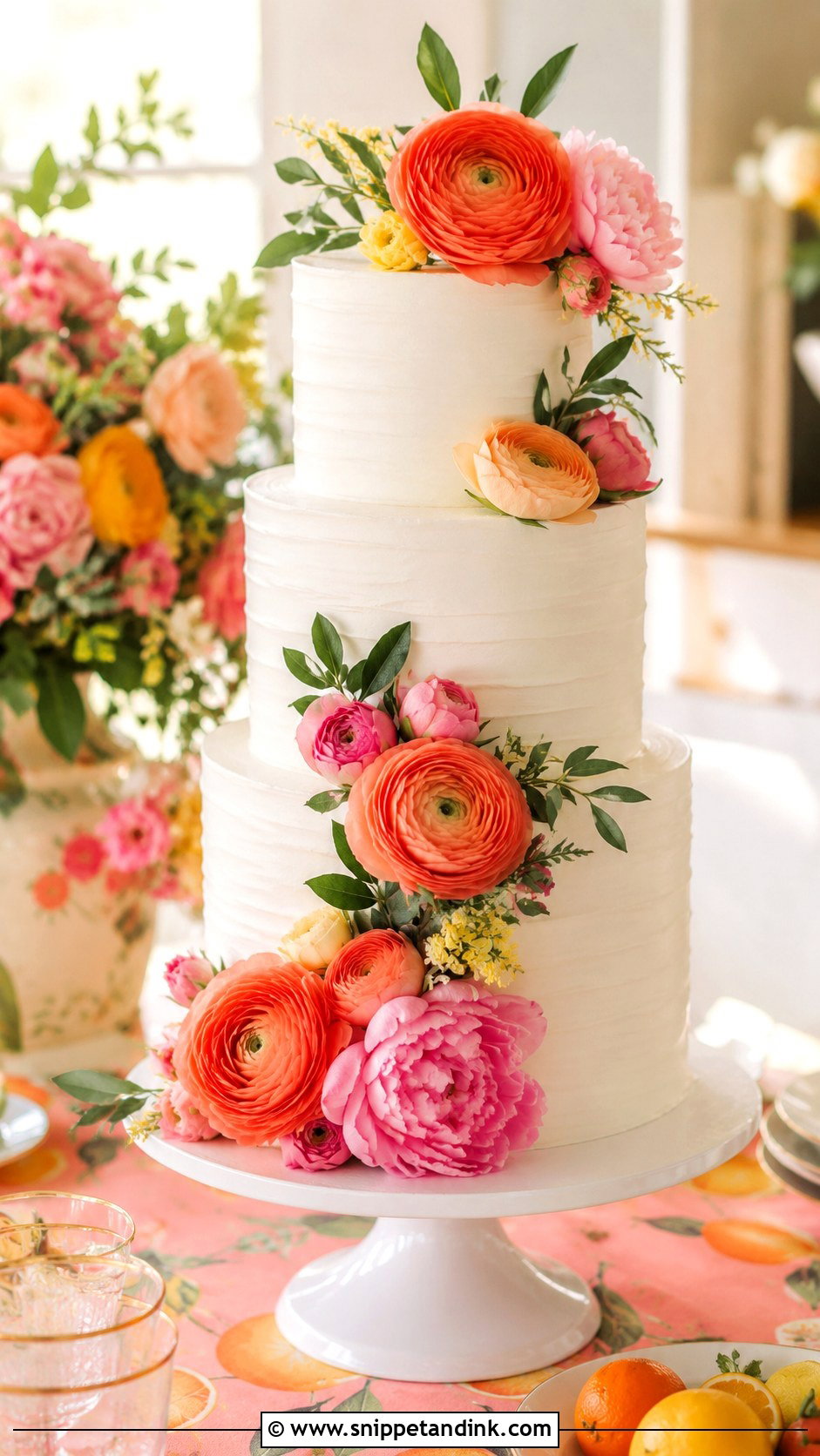 Coral Ranunculus Wedding Cake - Snippet and Ink - 25 Wedding Cake Ideas with Ranunculus