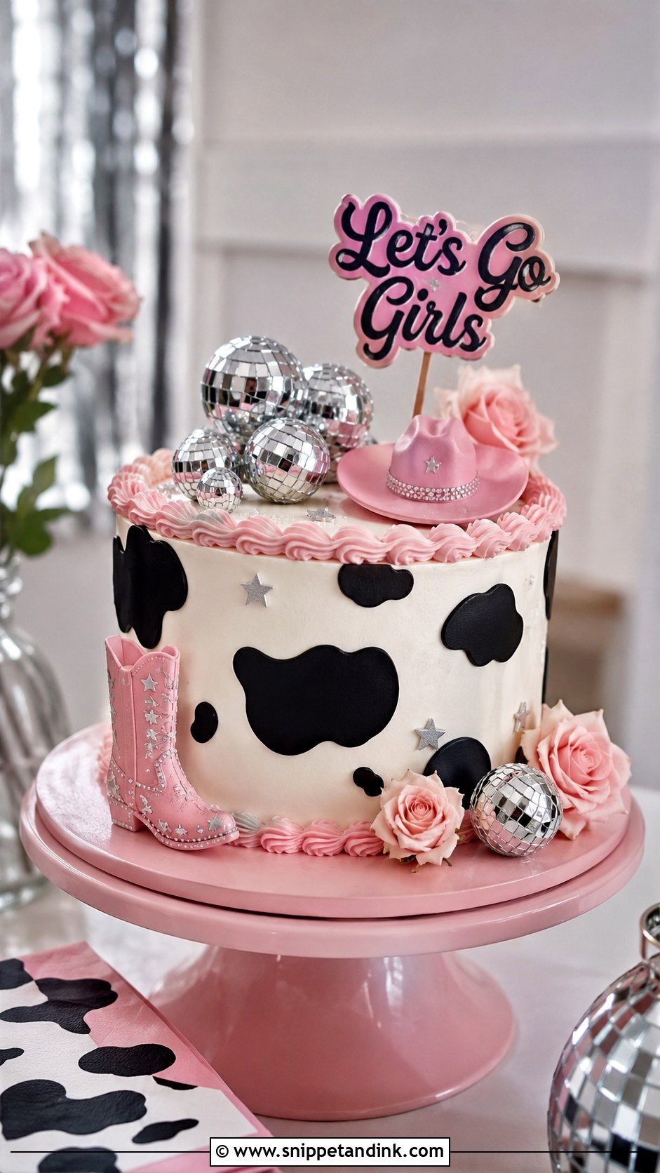 Cow Print Disco Cake - Snippet and Ink - 25 Disco Cowgirl Bachelorette Cake Ideas for Wedding