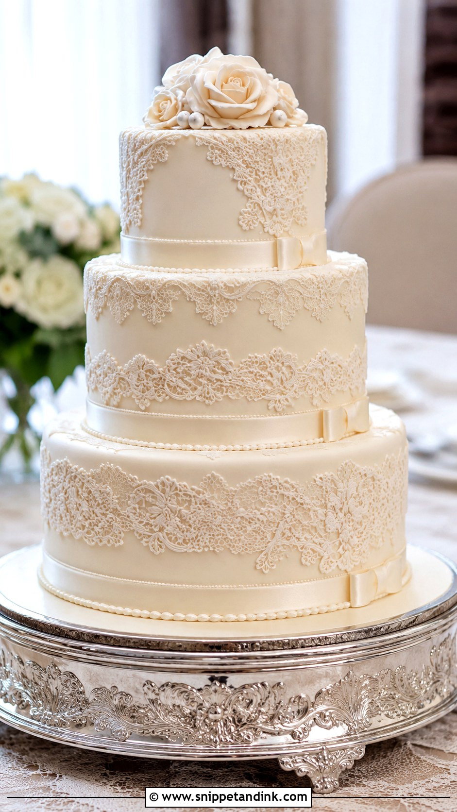 Cream Lace Wedding Cake - Snippet and Ink - 30 Cream Wedding Cakes