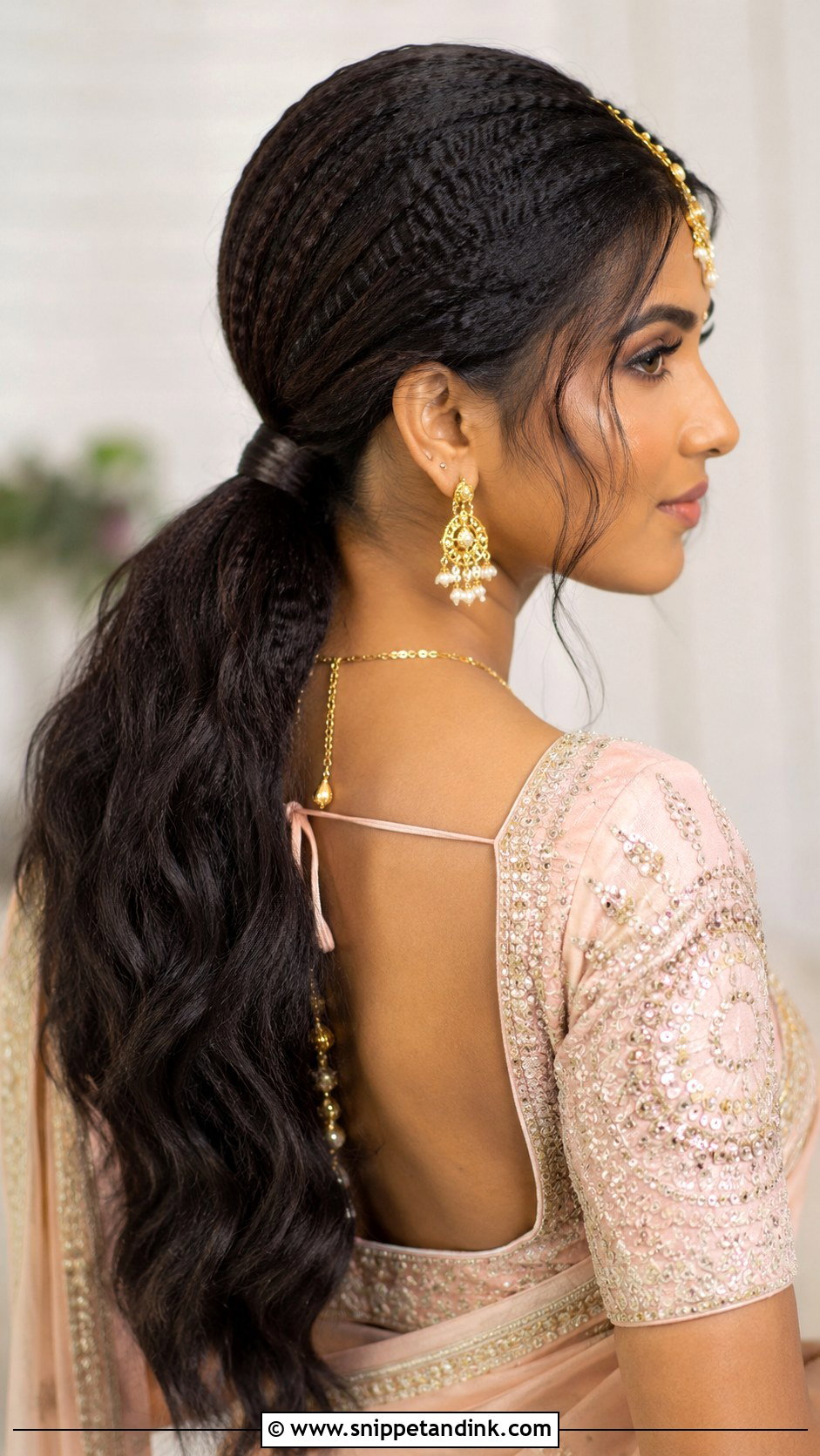 Crimped Hair With Maang Tikka and Low Ponytail - Snippet and Ink - 20 Crimping Hairstyles Indian Wedding