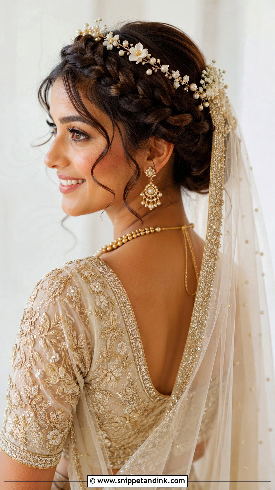 Crown Braid Bridal Hairstyle With Dupatta - Snippet and Ink - 20 Indian Bridal Hairstyles with Dupatta