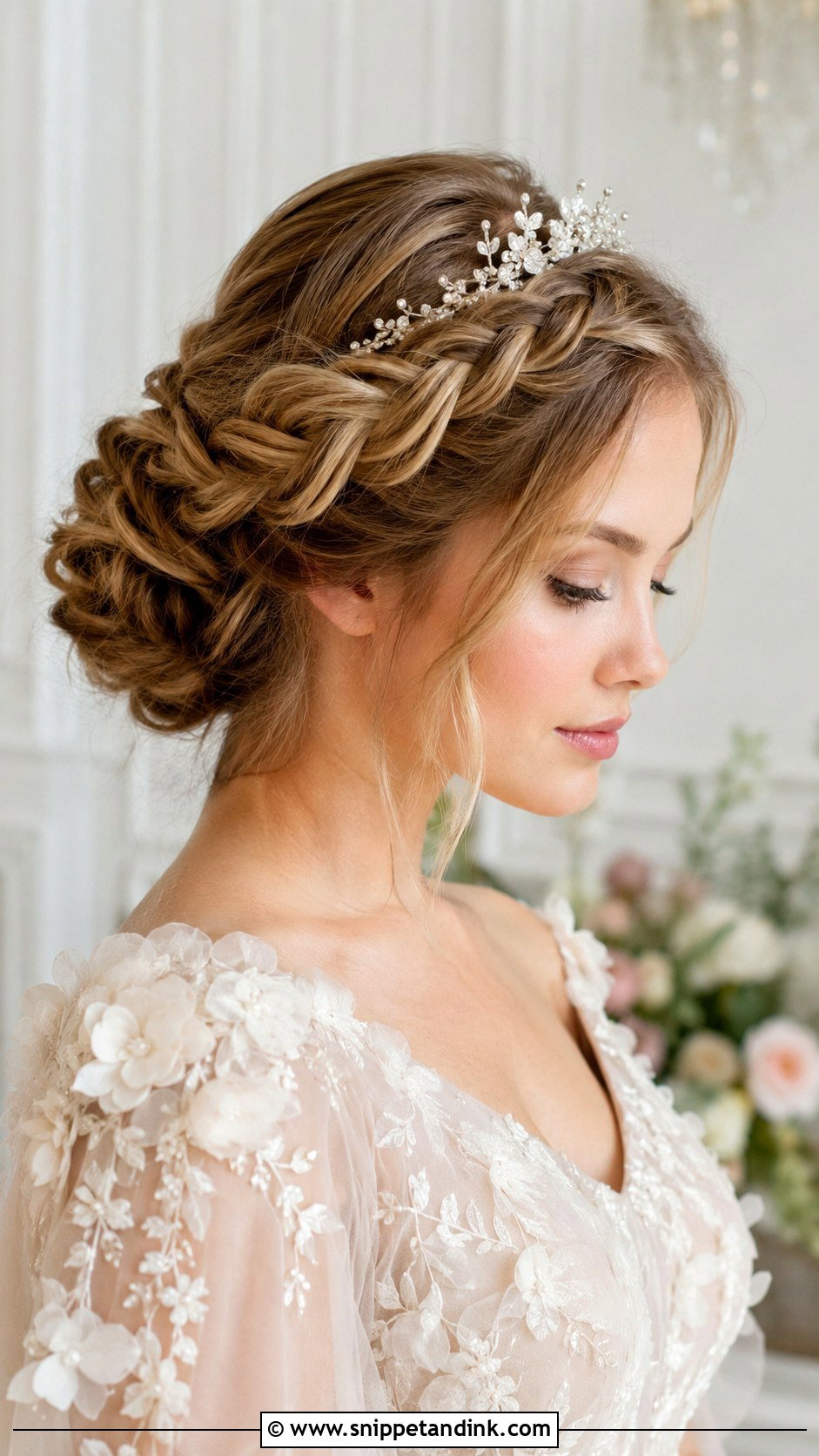 Crown Braid Bun With Delicate Tiara - Snippet and Ink - 20 Bridal Hair with Tiara Ideas