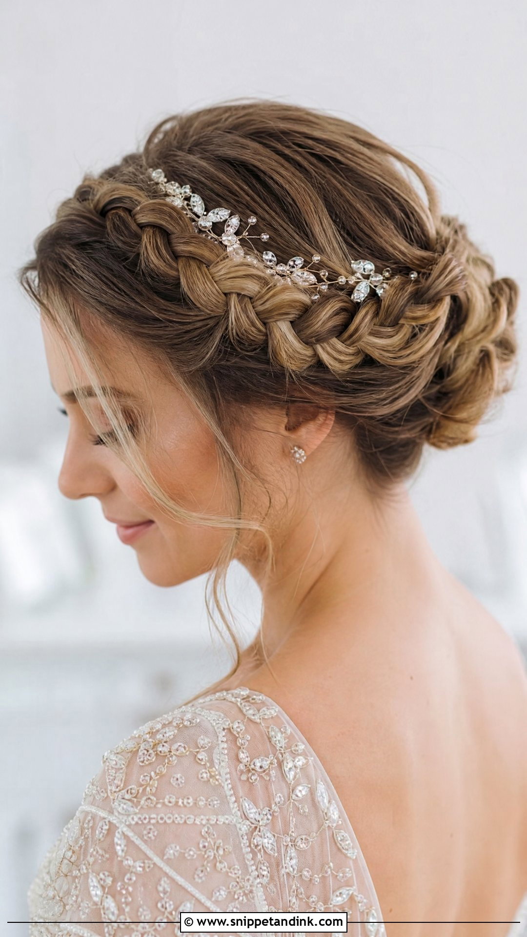 Crown Braid Bun With Jeweled Vine - Snippet and Ink - 20 Christian Bride Hairstyle with Crown Ideas
