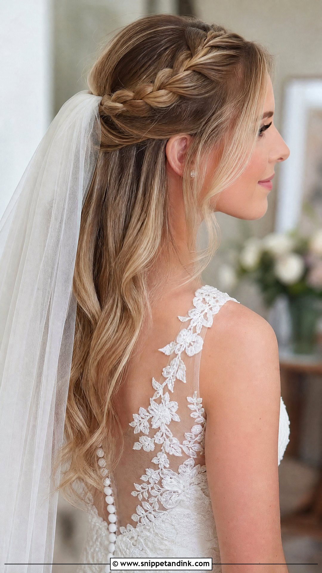 Crown Braid Half Up With Veil - Snippet and Ink - 20 Half-Up Braid Bridal Hair Ideas