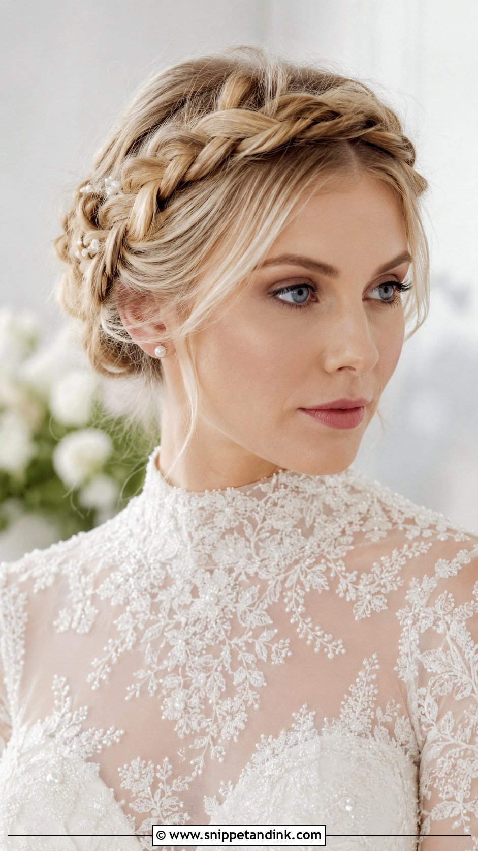 Crown Braid Updo For High Neck Wedding Dress - Snippet and Ink - 20 High Neck Wedding Hairstyles