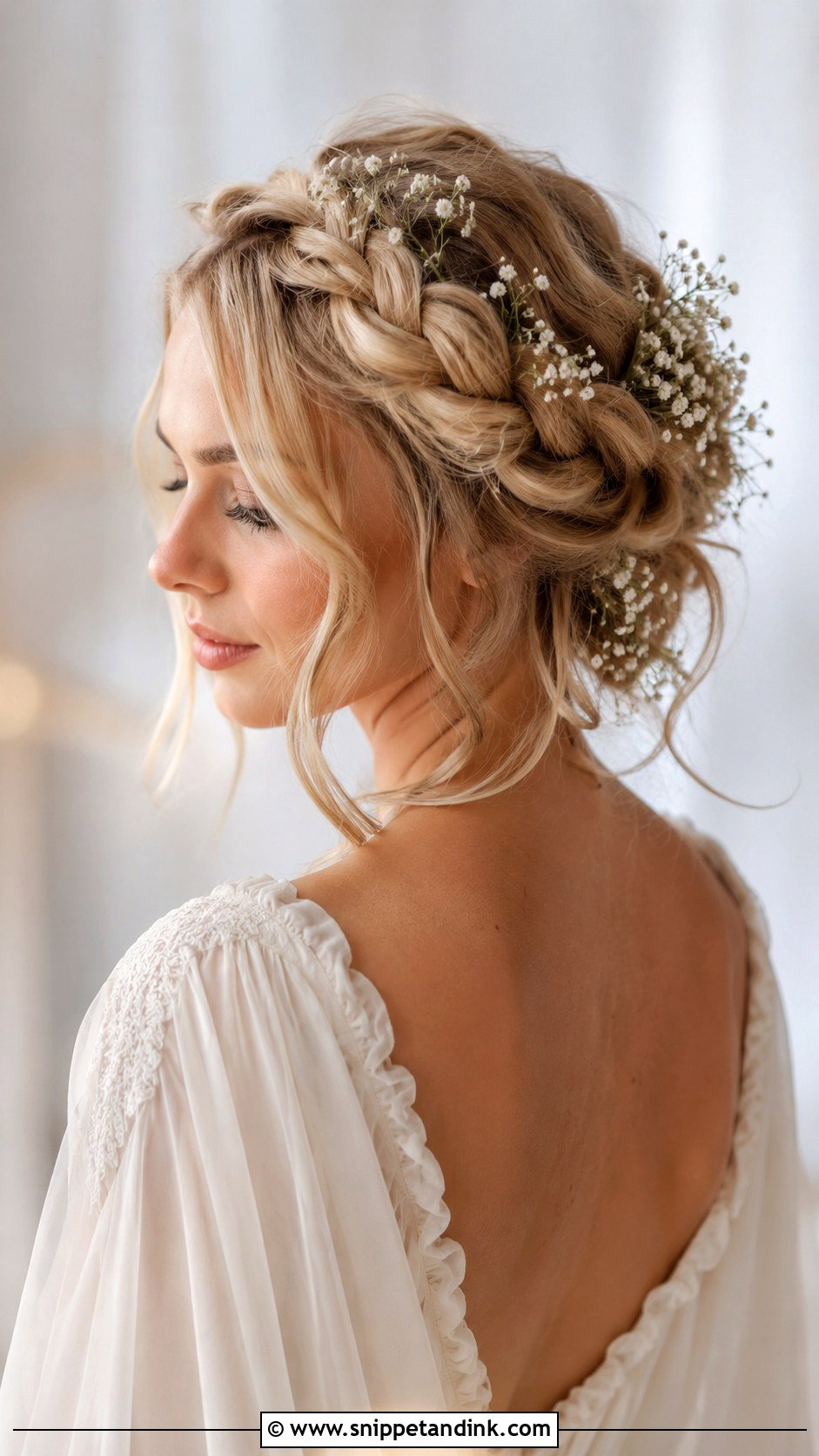 Crown Braid Updo With Babys Breath - Snippet and Ink - 25 Wedding Hair with Flowers