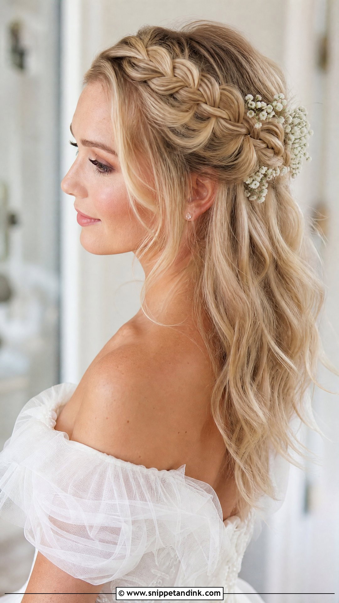 Crown Braid Wedding Hairstyle For Off The Shoulder Dress - Snippet and Ink - 20 Off the Shoulder Wedding Hairstyles