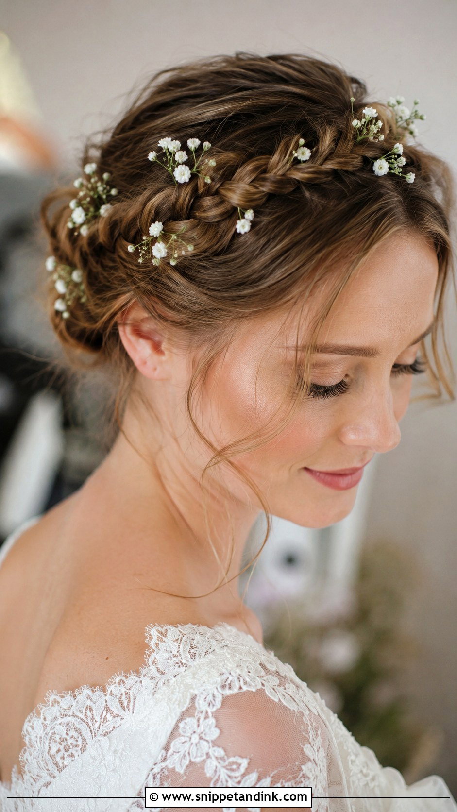 Crown Braid With Babys Breath - Snippet and Ink - 20 Bridal Hair with Flower Crown Ideas