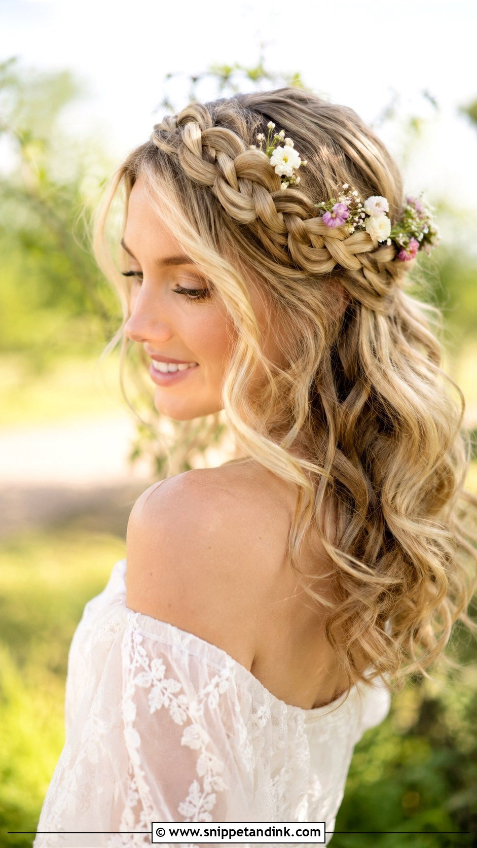Crown Braid With Curls - Snippet and Ink - 35 Wedding Guest Hair Ideas