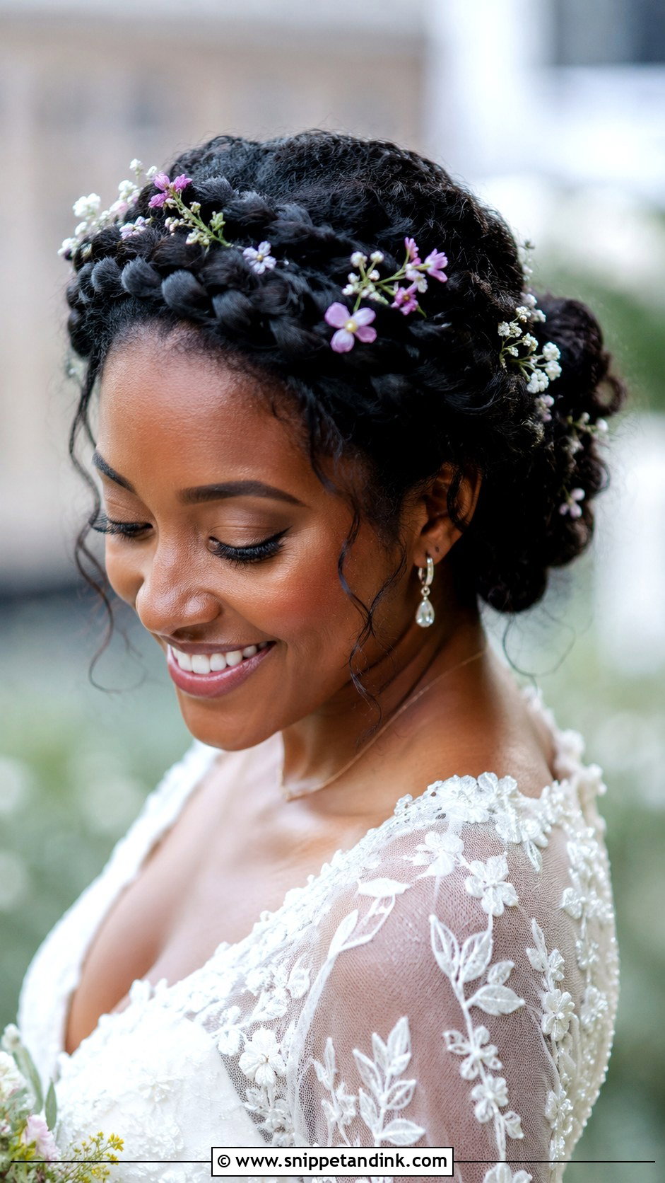 Crown Braid With Floral Details - Snippet and Ink - 30 Natural Hair Bride Ideas