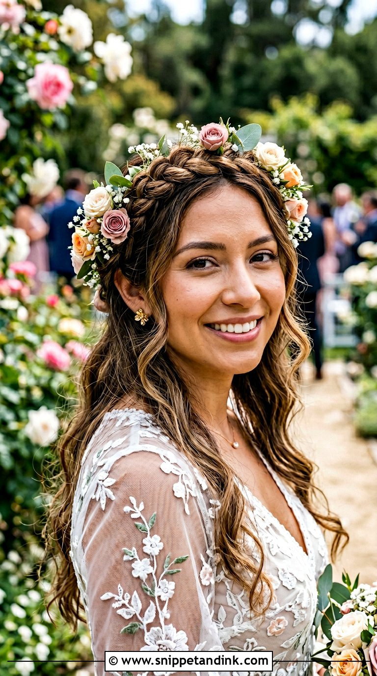 Crown Braid With Flowers - Snippet and Ink - 20 Bride Hairdo Ideas