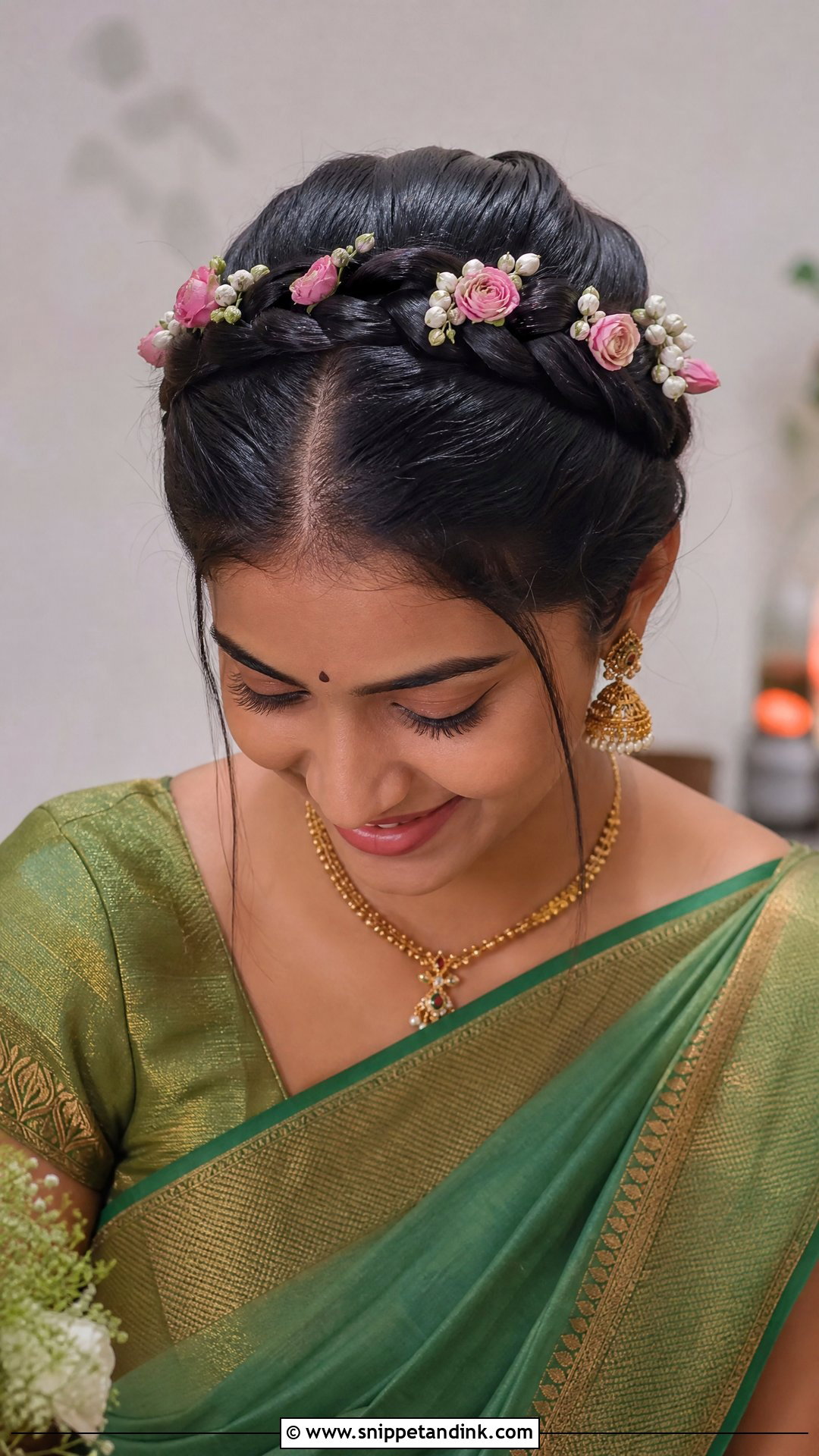 Crown Braid With Flowers - Snippet and Ink - 20 South Indian Wedding Hairstyles for Long Hair