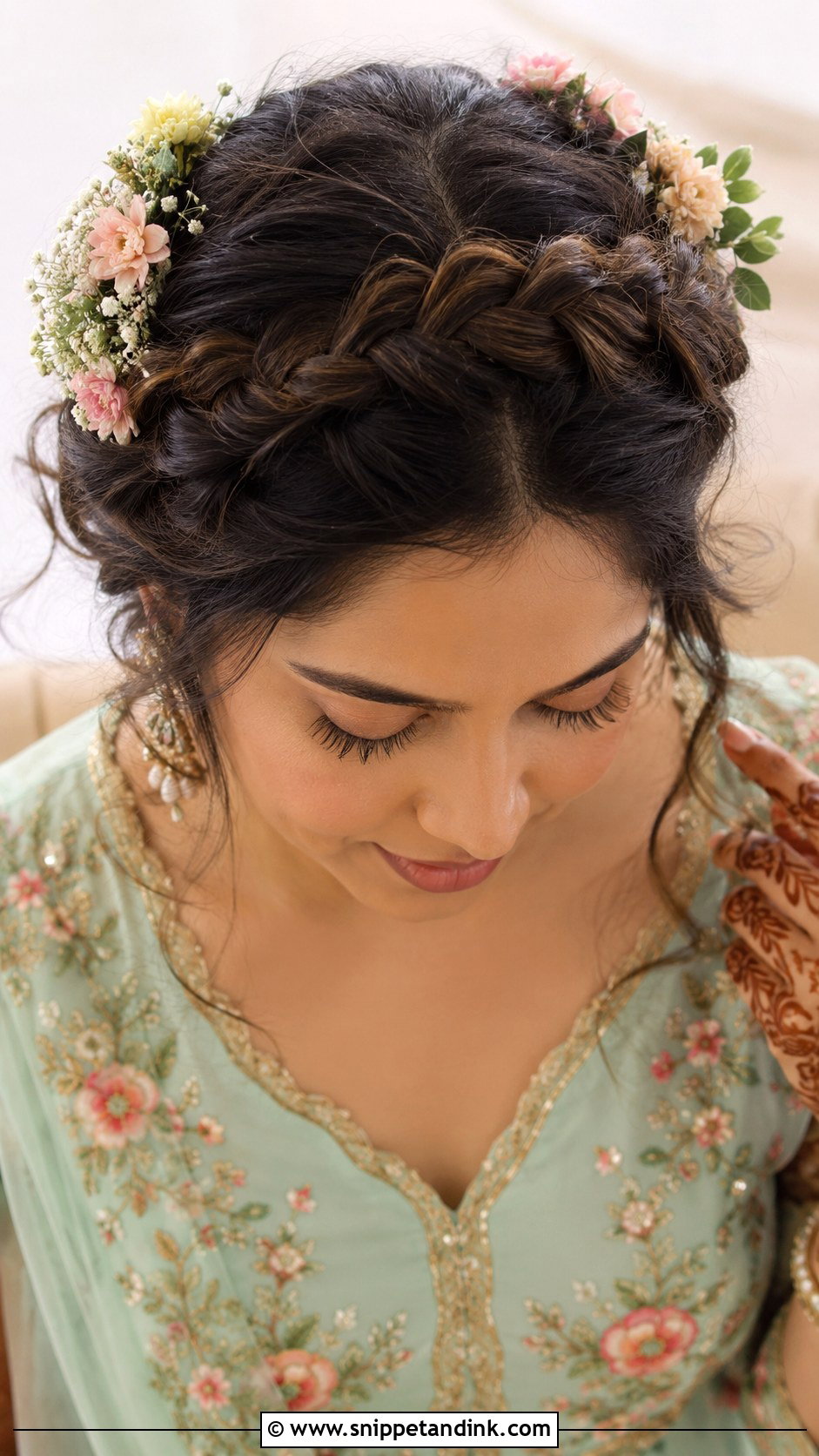 Crown Braid With Fresh Flowers - Snippet and Ink - 20 Front Indian Weddings Bridal Hairstyles