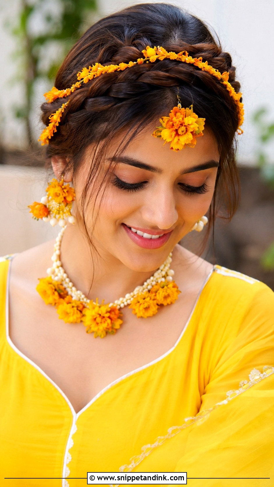 Crown Braid With Marigold Strands - Snippet and Ink - 20 Haldi Braid Hairstyles for Bride
