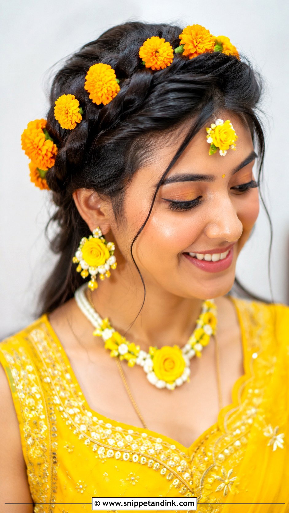 Crown Braid With Marigold - Snippet and Ink - 25 Haldi Bride Hairstyle Ideas