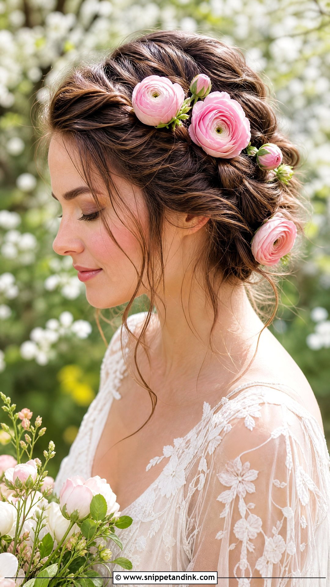 Crown Braid With Ranunculus - Snippet and Ink - 20 Bridal Hairstyles with Flowers