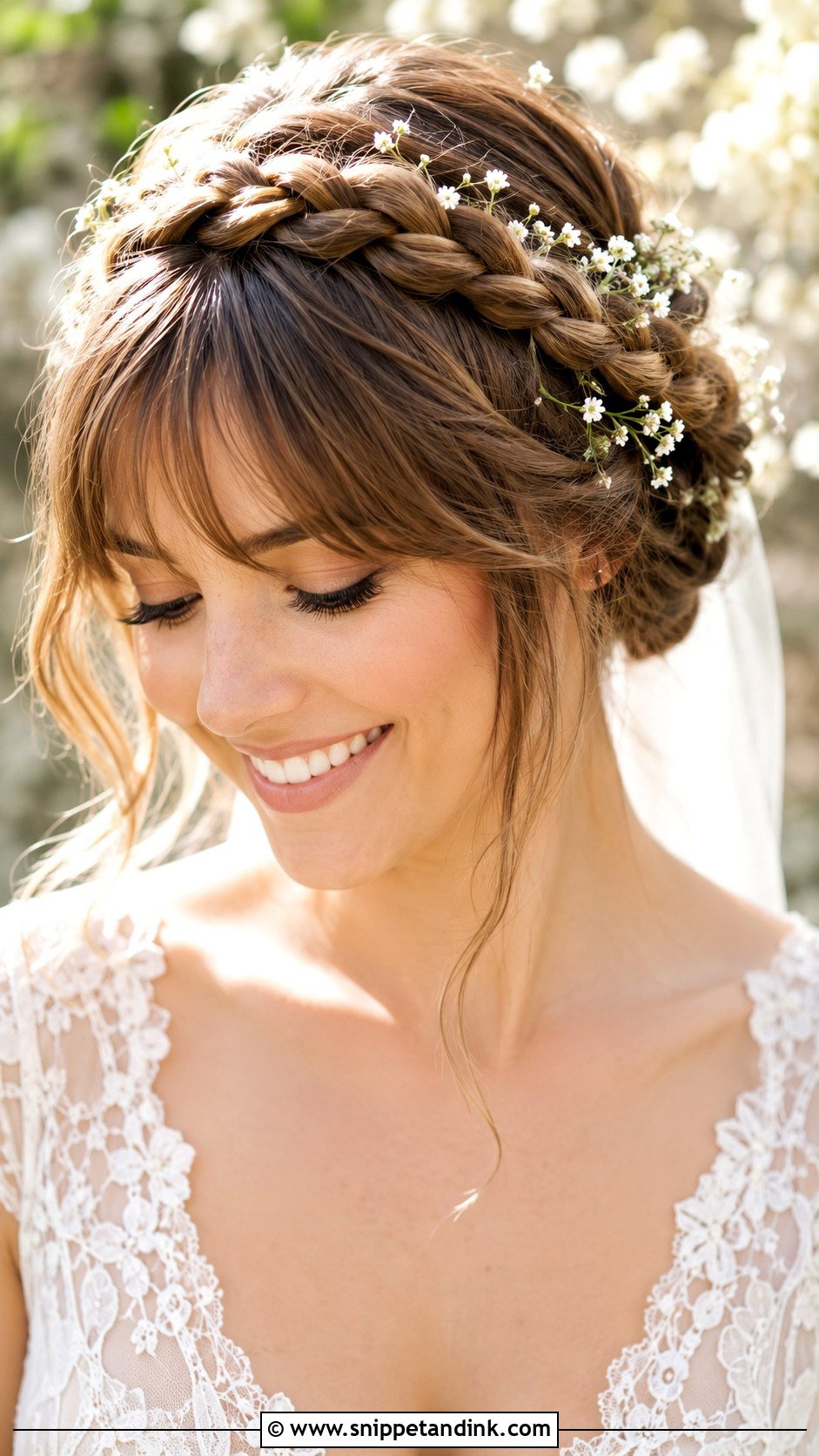Crown Braid With Soft Fringe - Snippet and Ink - 20 Bridal Hairstyle for Big Forehead Ideas