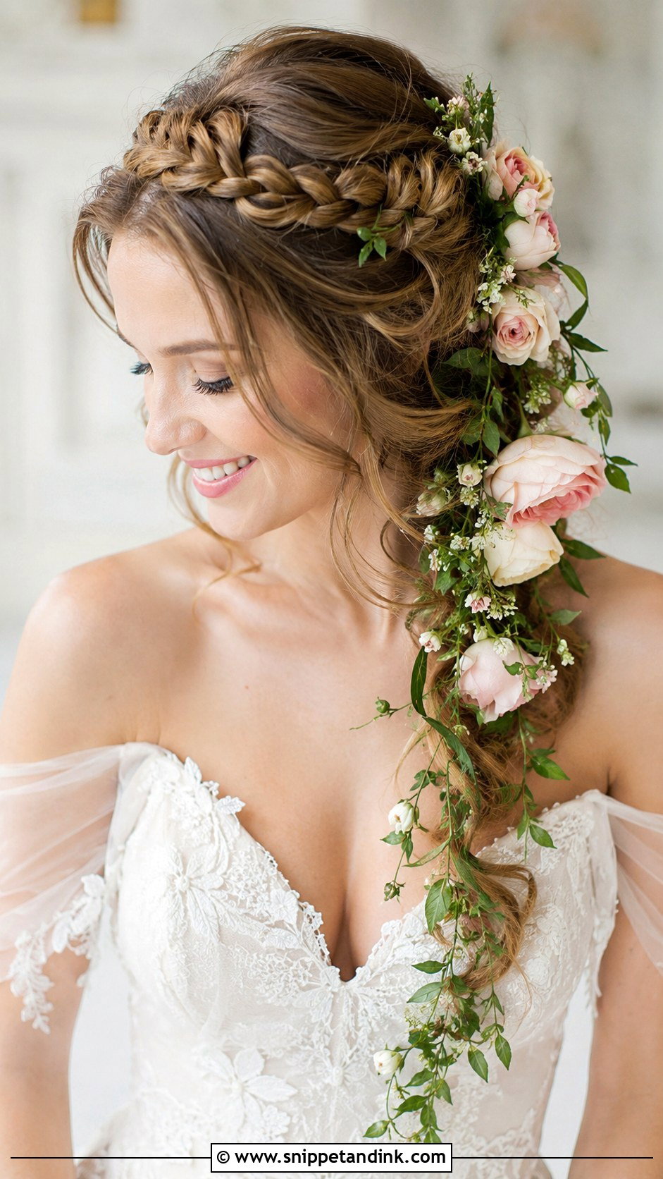 Crown Braid With Trailing Flowers - Snippet and Ink - 25 Fairy Wedding Hair Ideas
