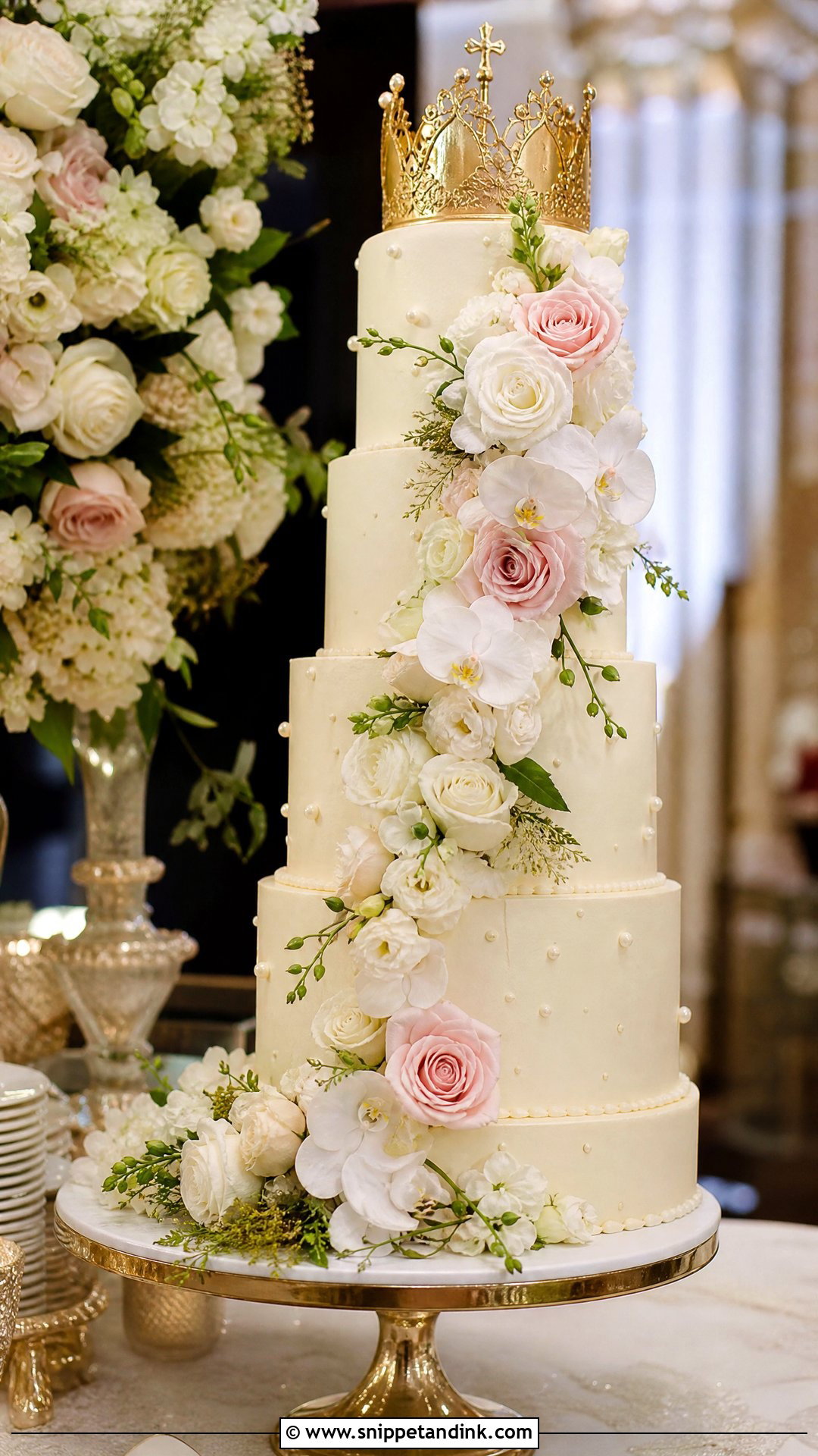 Crown Cake With Cascading Flowers - Snippet and Ink - 35 Crown Cake Ideas for Wedding