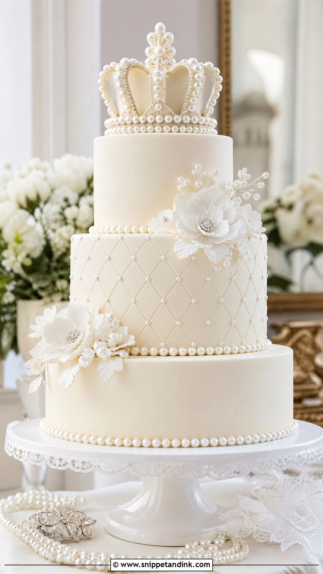 Crown Cake With Pearls - Snippet and Ink - 35 Crown Cake Ideas for Wedding