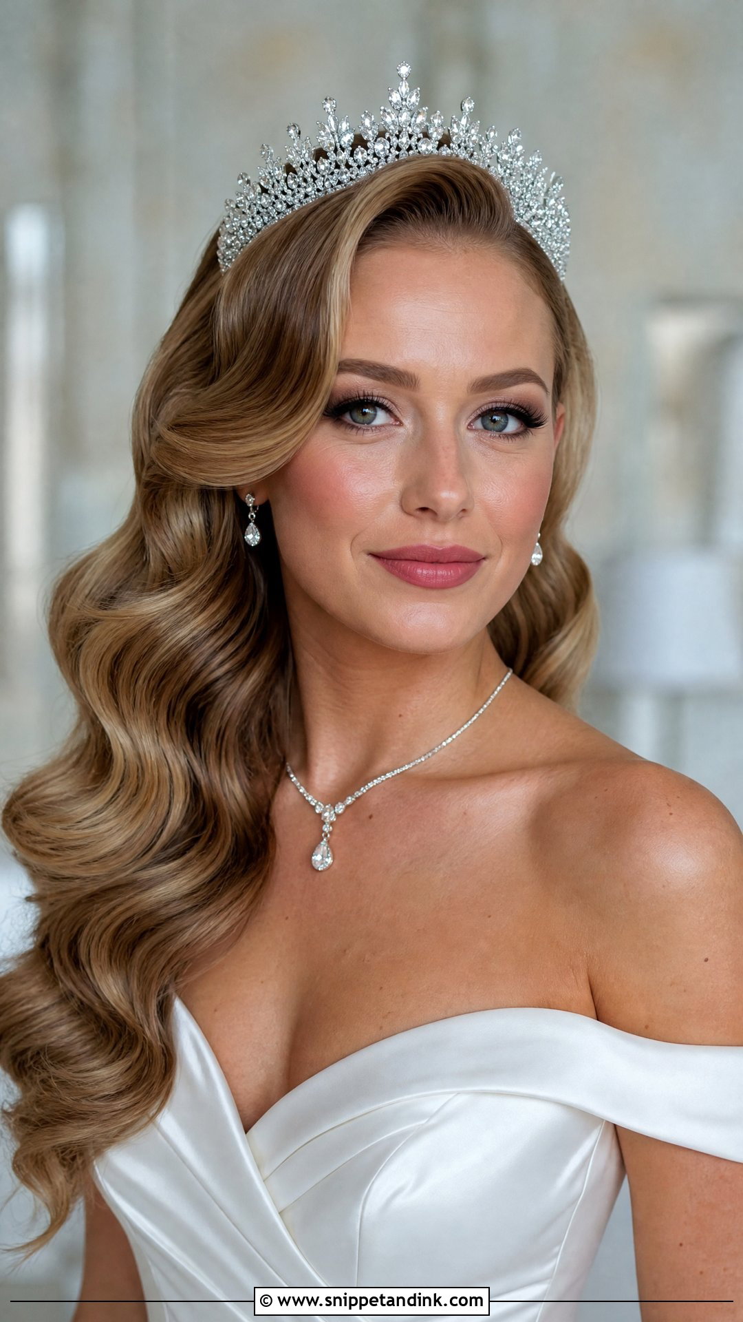 Crystal Crown With Hollywood Waves - Snippet and Ink - 15 Bride Hair Crown Ideas