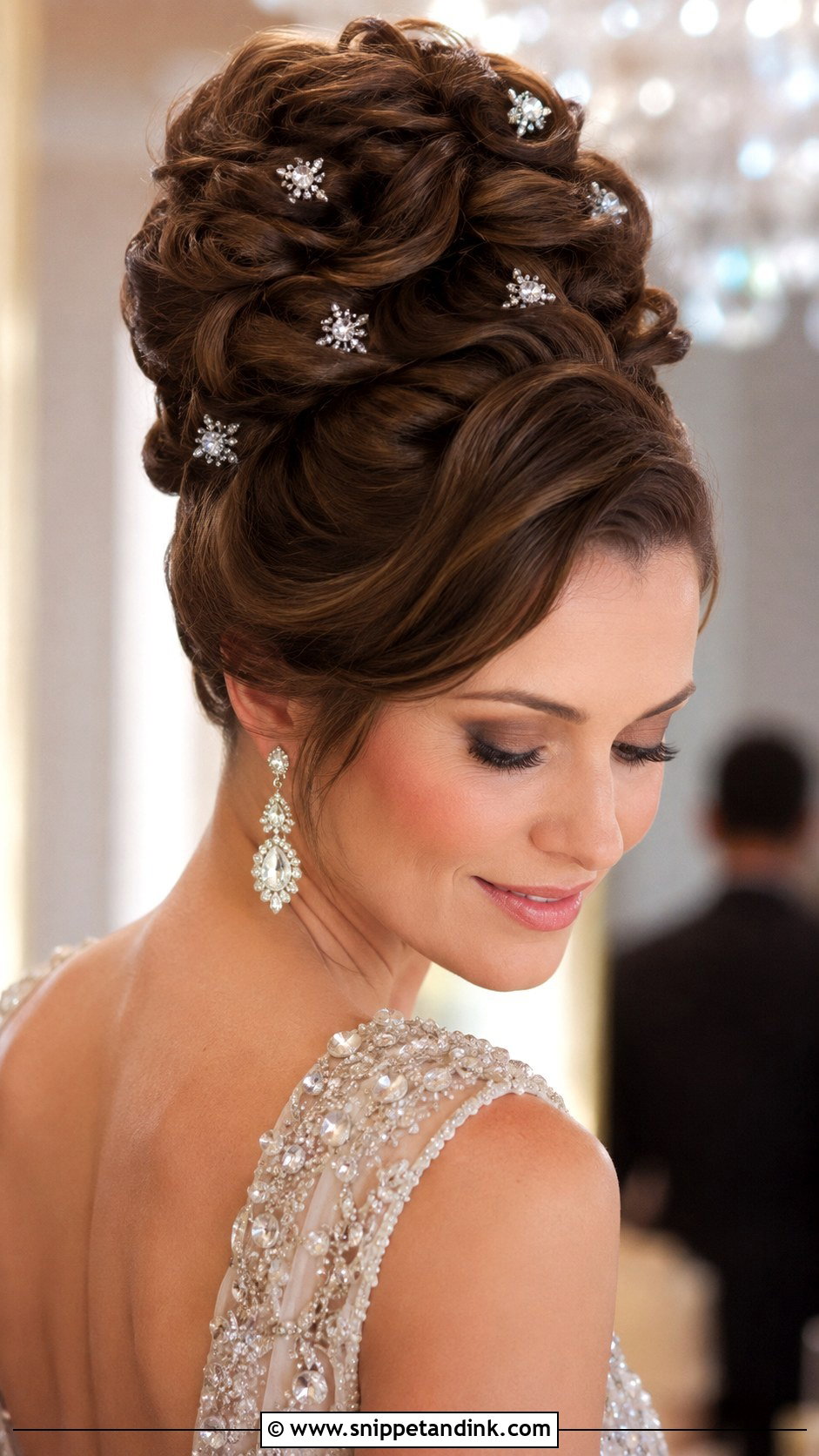 Crystal Hair Pins With a Voluminous Updo - Snippet and Ink - 20 Bridal Hair Pin Ideas
