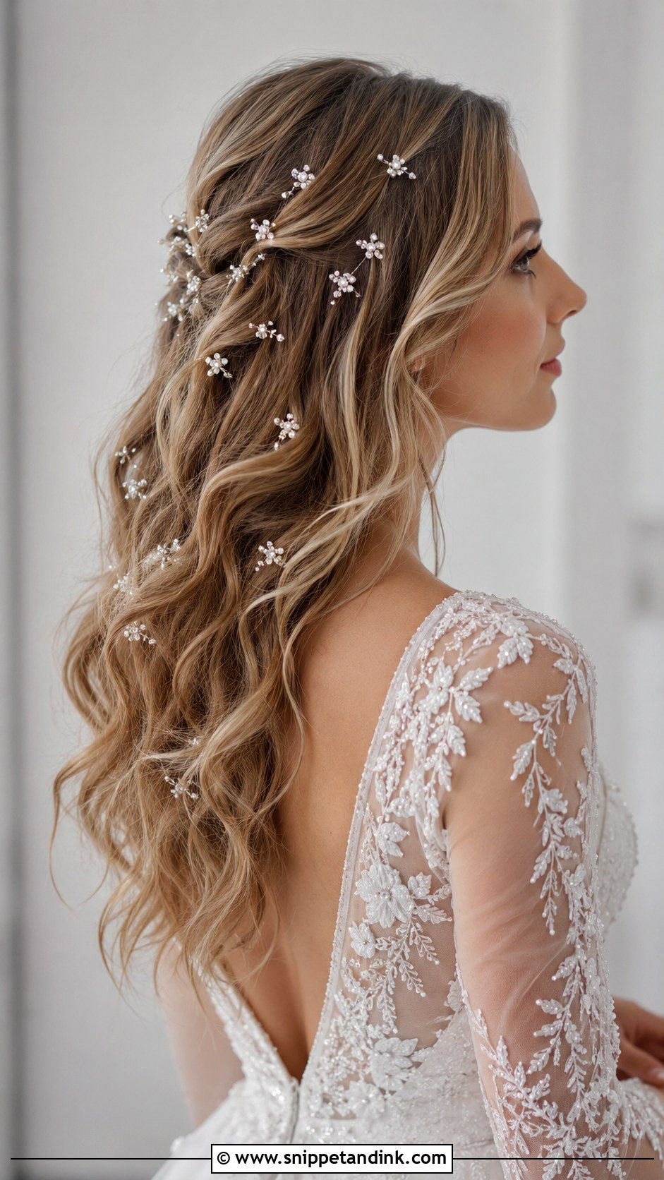 Crystal Hair Pins with Long Open Hair - Snippet and Ink - 20 Long Open Hair Wedding Hairstyles