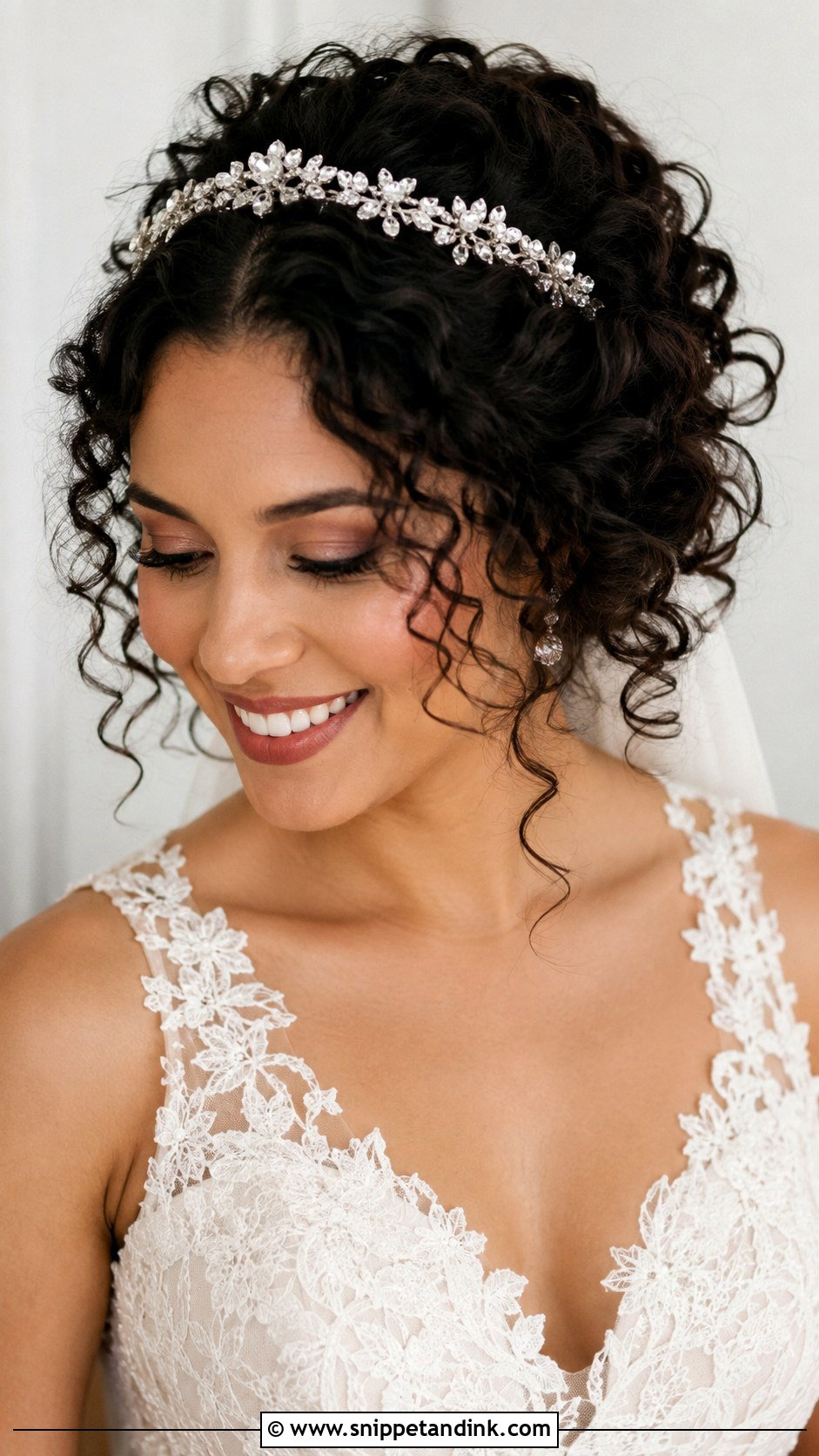 Crystal Headband With Curly Hair - Snippet and Ink - 25 Wedding Hair with Headband Ideas
