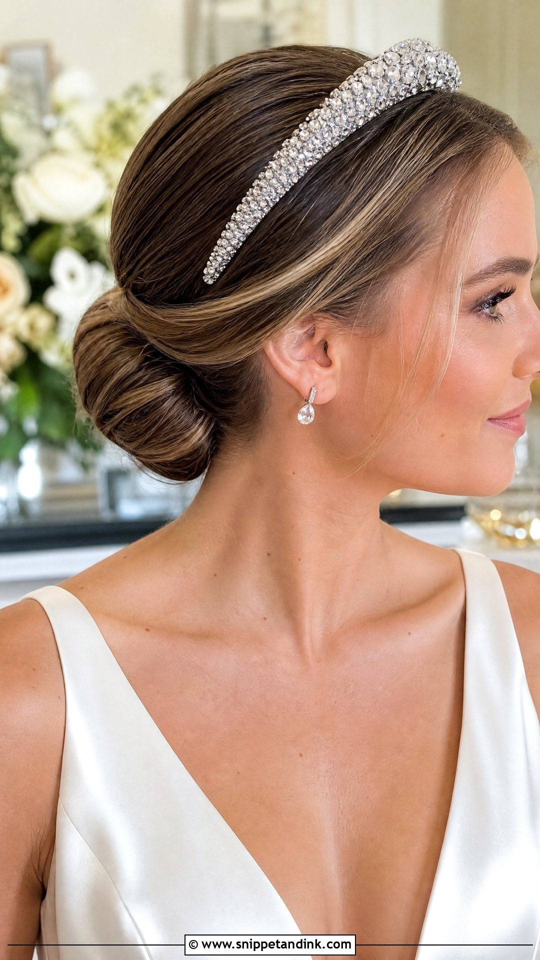 Crystal Headband With Sleek Bun - Snippet and Ink - 20 Bridal Hair Headband Ideas