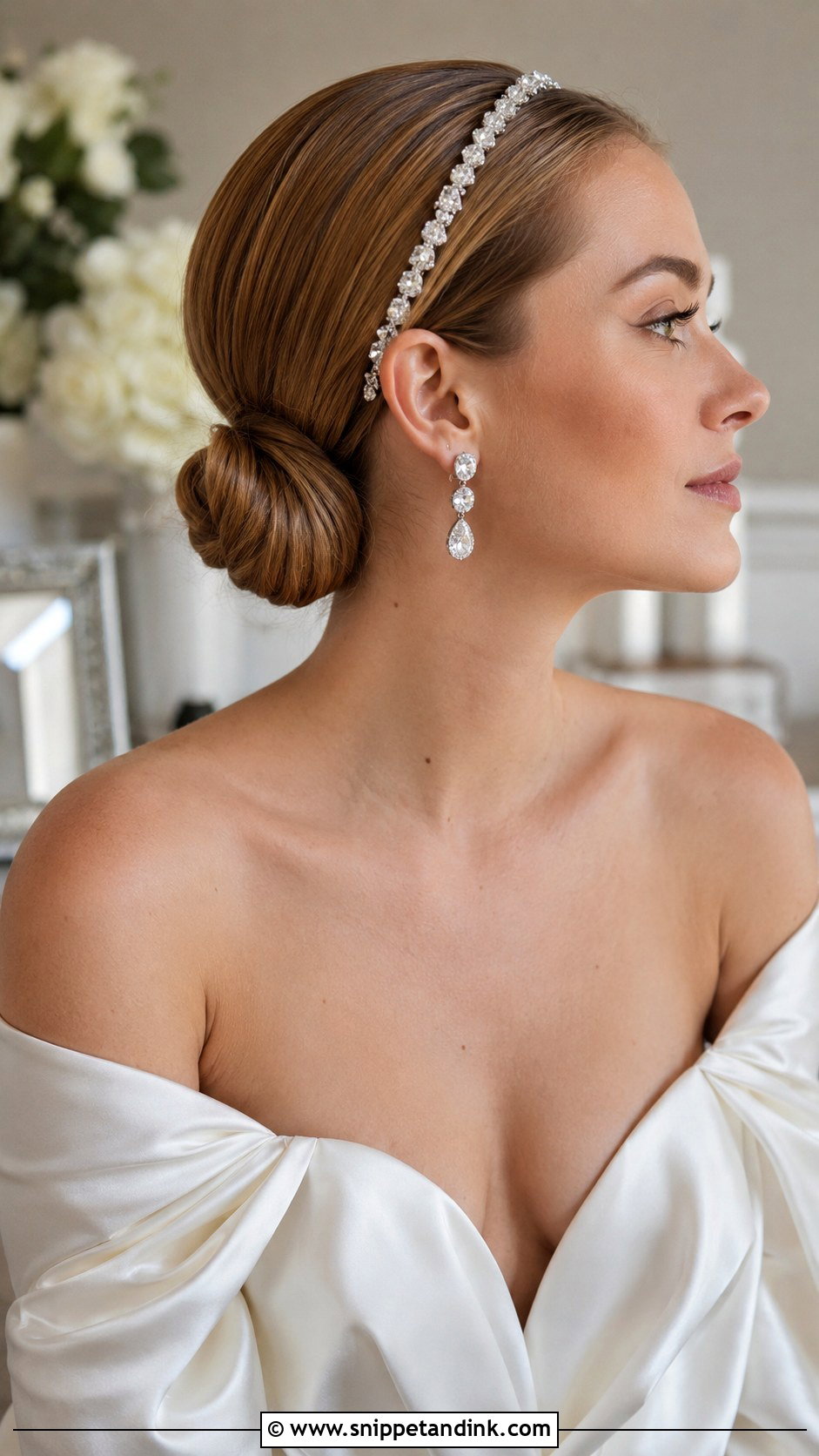 Crystal Headband With Sleek Low Bun - Snippet and Ink - 20 Hairband Wedding Hairstyle Ideas