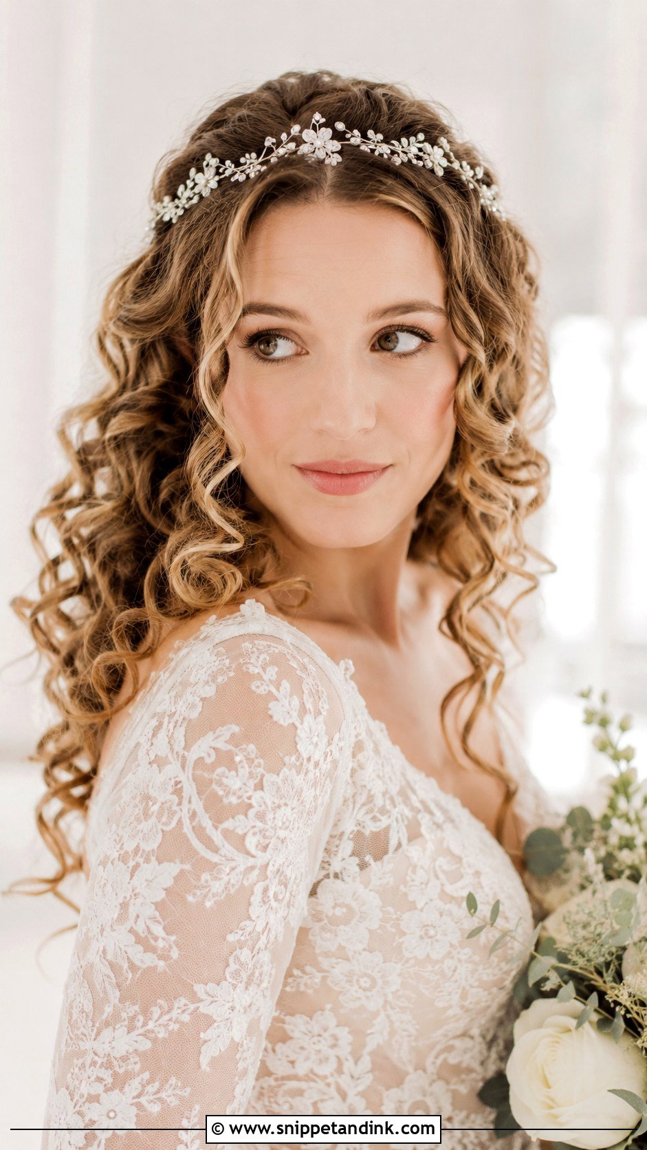 Crystal Vine Headband With Loose Curls - Snippet and Ink - 20 Bridal Headband with Hair Down Ideas
