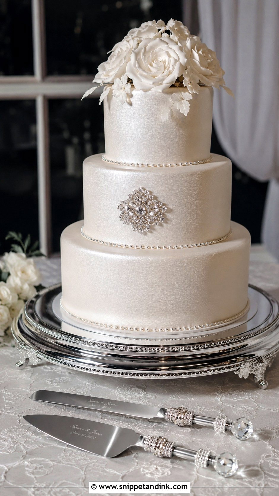 Crystal Wedding Cake Knife With Glam Wedding Cake - Snippet and Ink - 30 Wedding Cake Knife Decoration Ideas