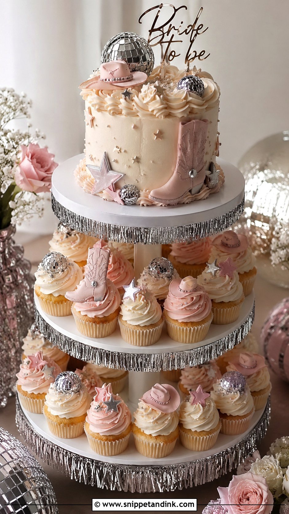 Cupcake Tower Disco Cowgirl Cake - Snippet and Ink - 25 Disco Cowgirl Bachelorette Cake Ideas for Wedding