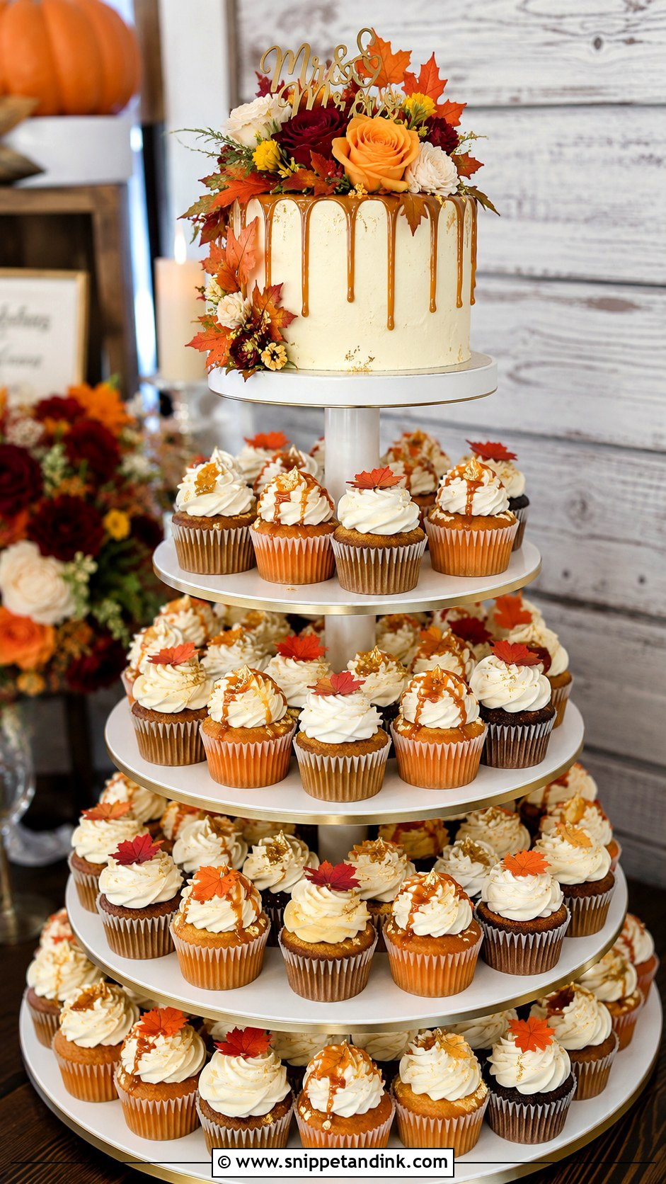 Cupcake Tower With Cutting Cake - Snippet and Ink - 20 Fall Wedding Cupcake Ideas