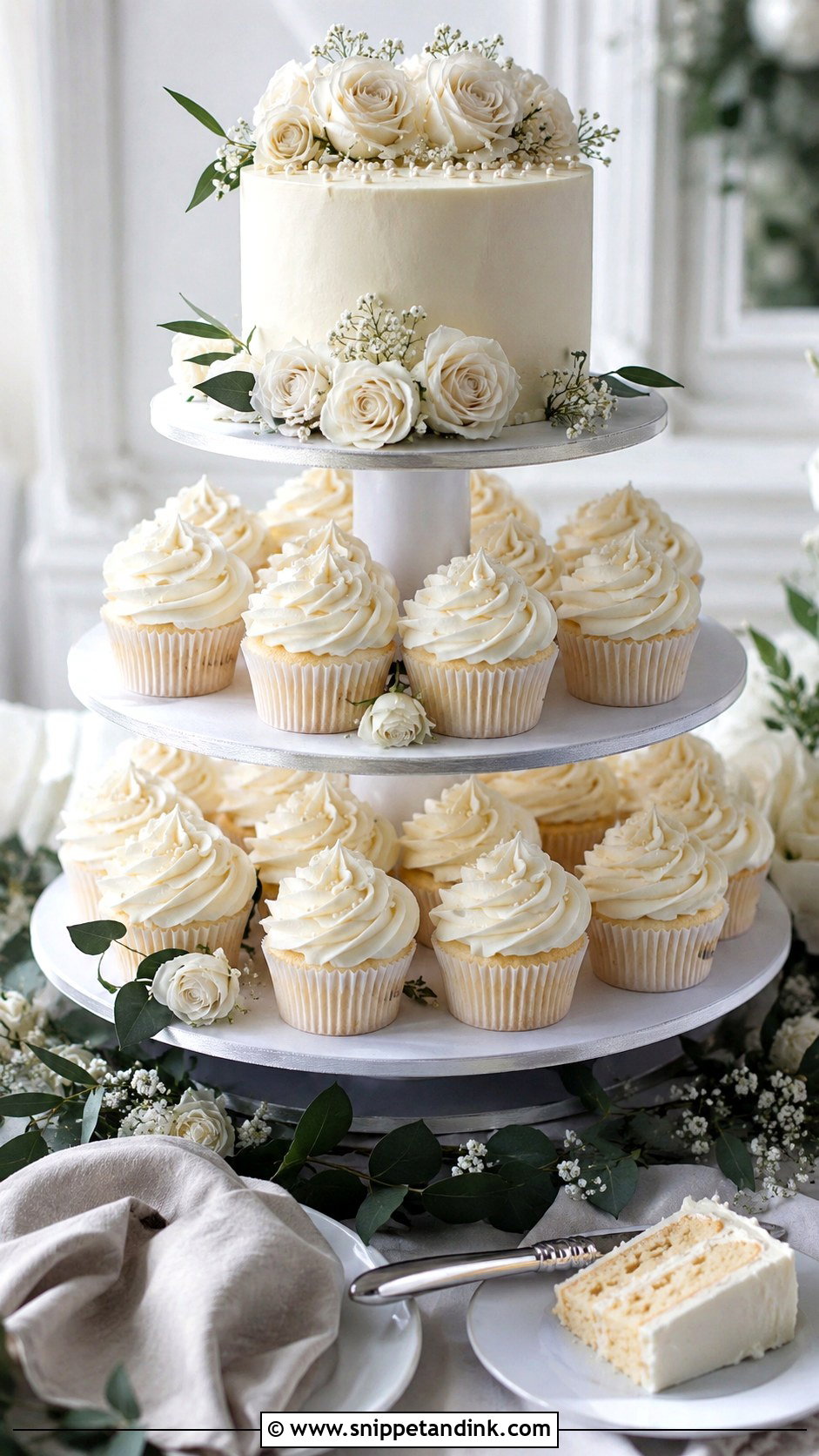 Cupcake Wedding Cake Tower With Cutting Cake - Snippet and Ink - 20 Cupcake Wedding Cake Ideas