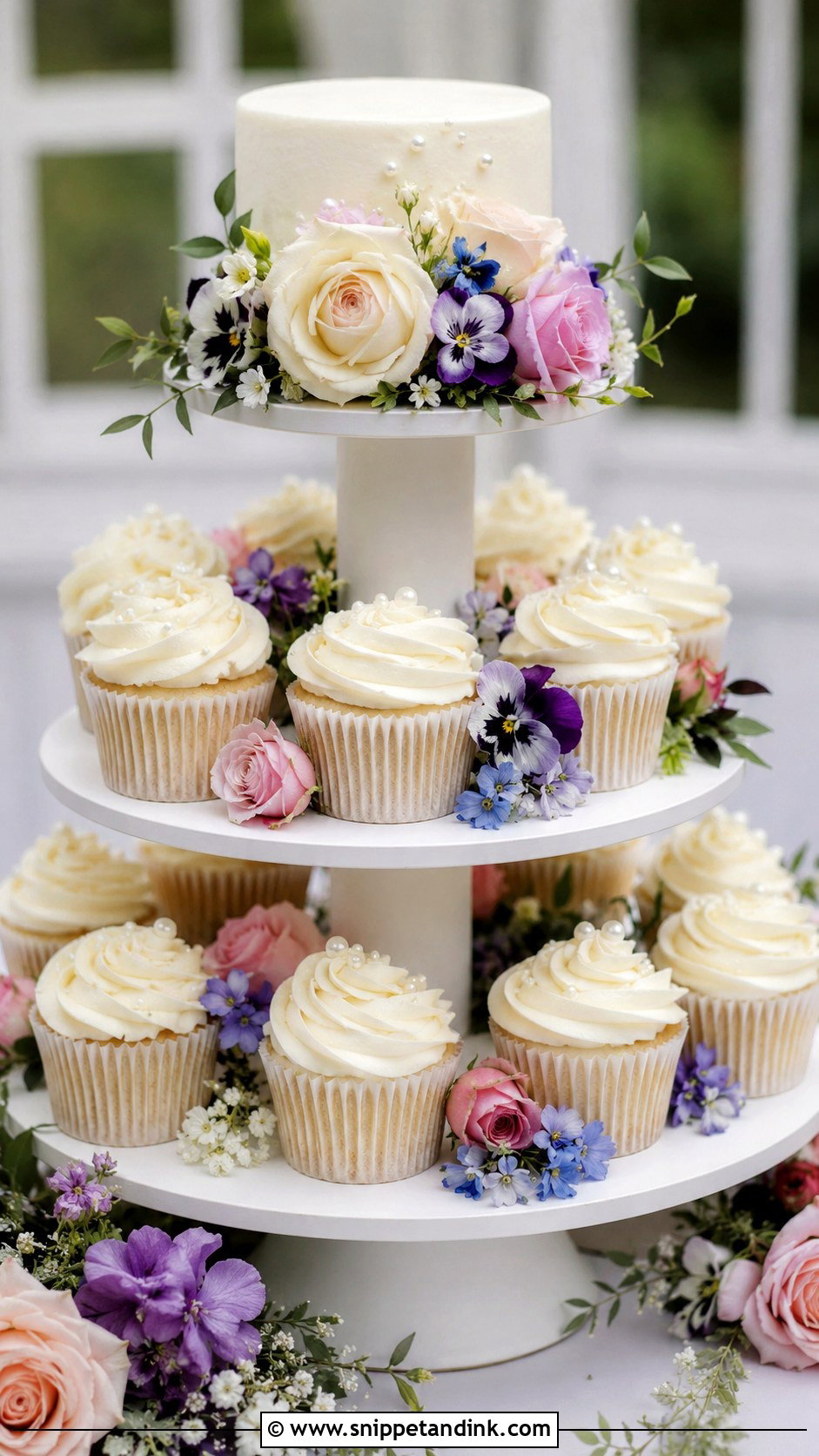 Cupcake Wedding Cake With Fresh Flowers - Snippet and Ink - 20 Cupcake Wedding Cake Ideas