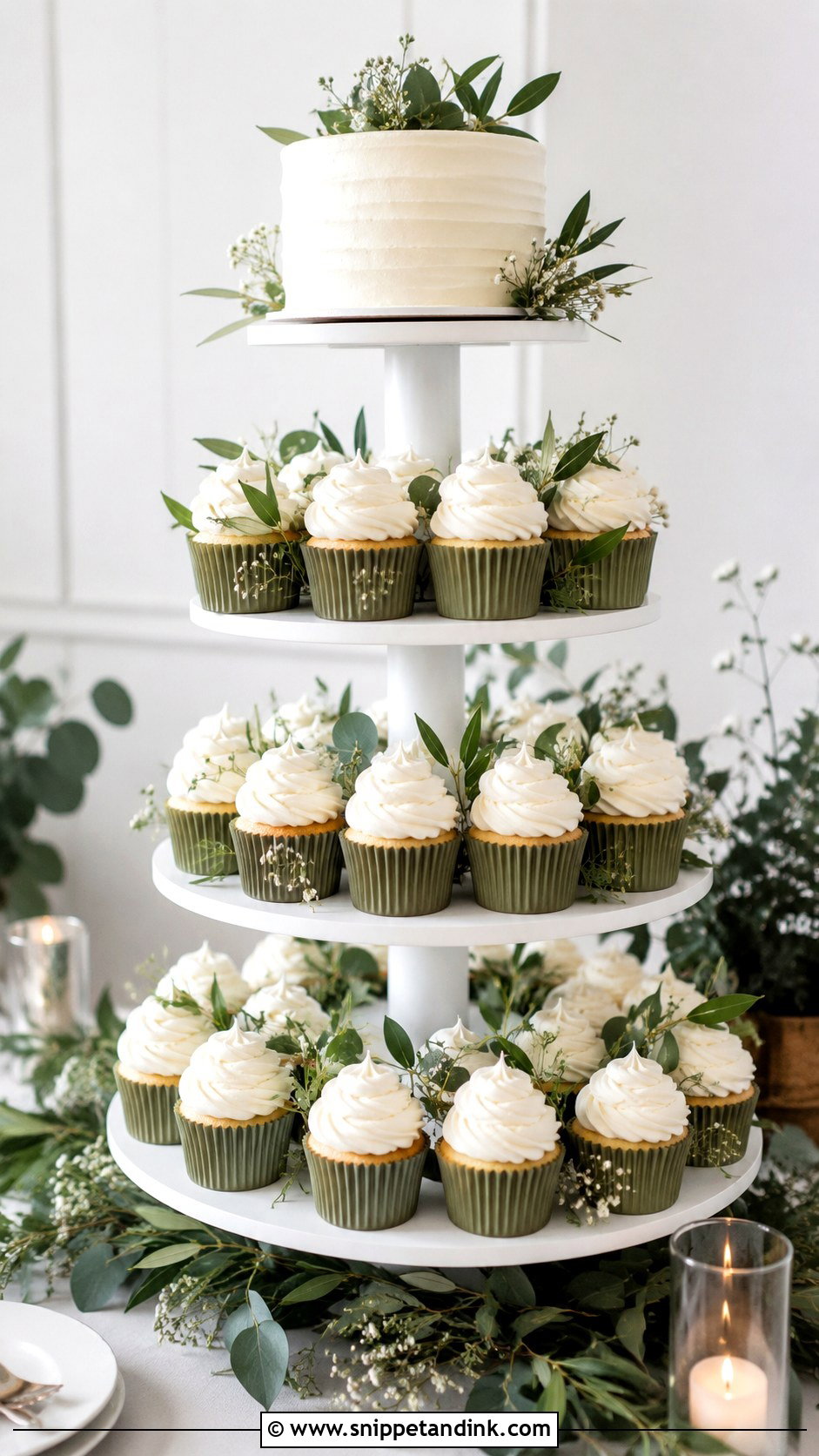 Cupcake Wedding Cake With Greenery - Snippet and Ink - 20 Cupcake Wedding Cake Ideas