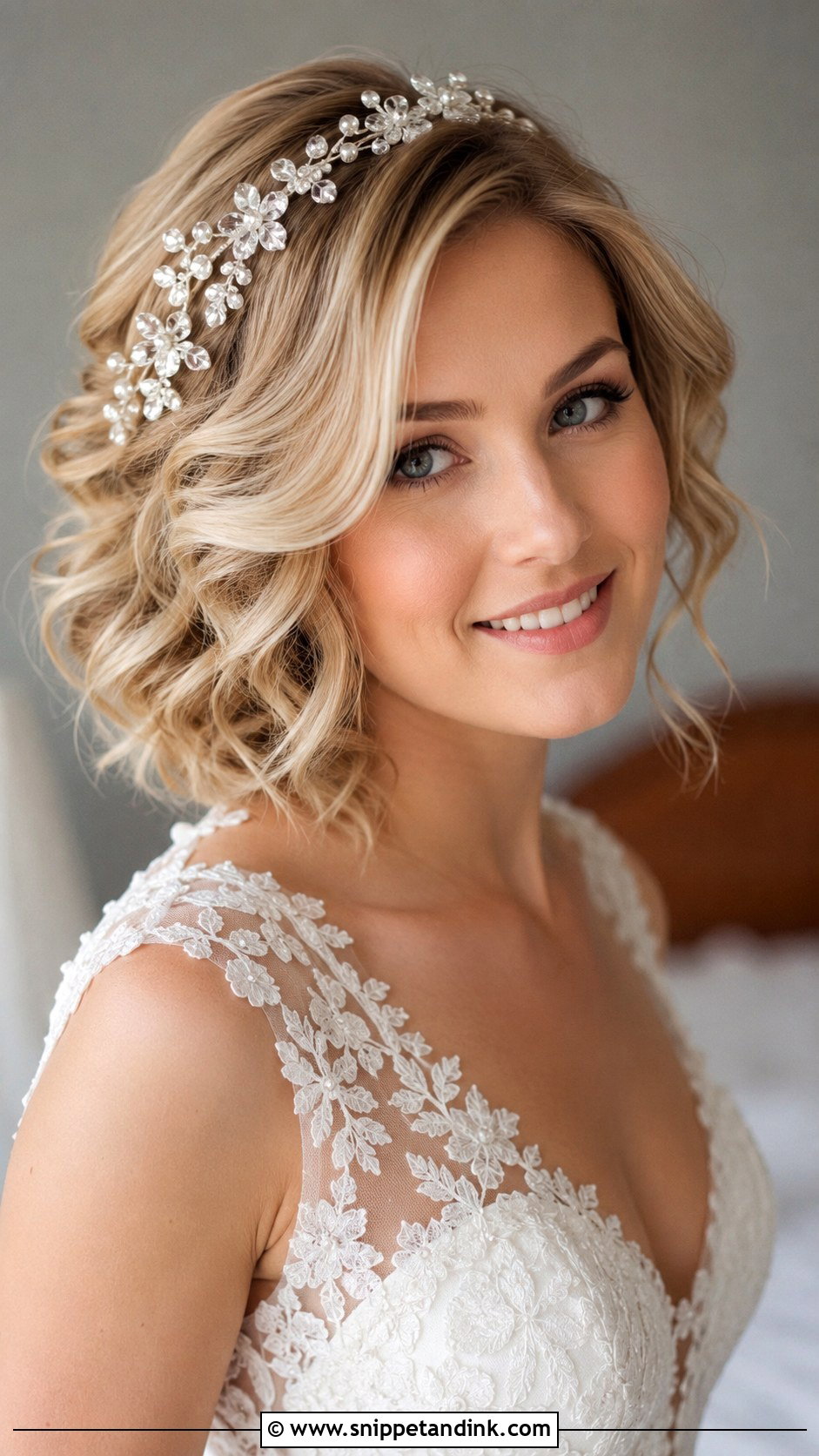 Curled Bob with Floral Headband - Snippet and Ink - 20 Hair Styles for Short Hair Wedding Ideas
