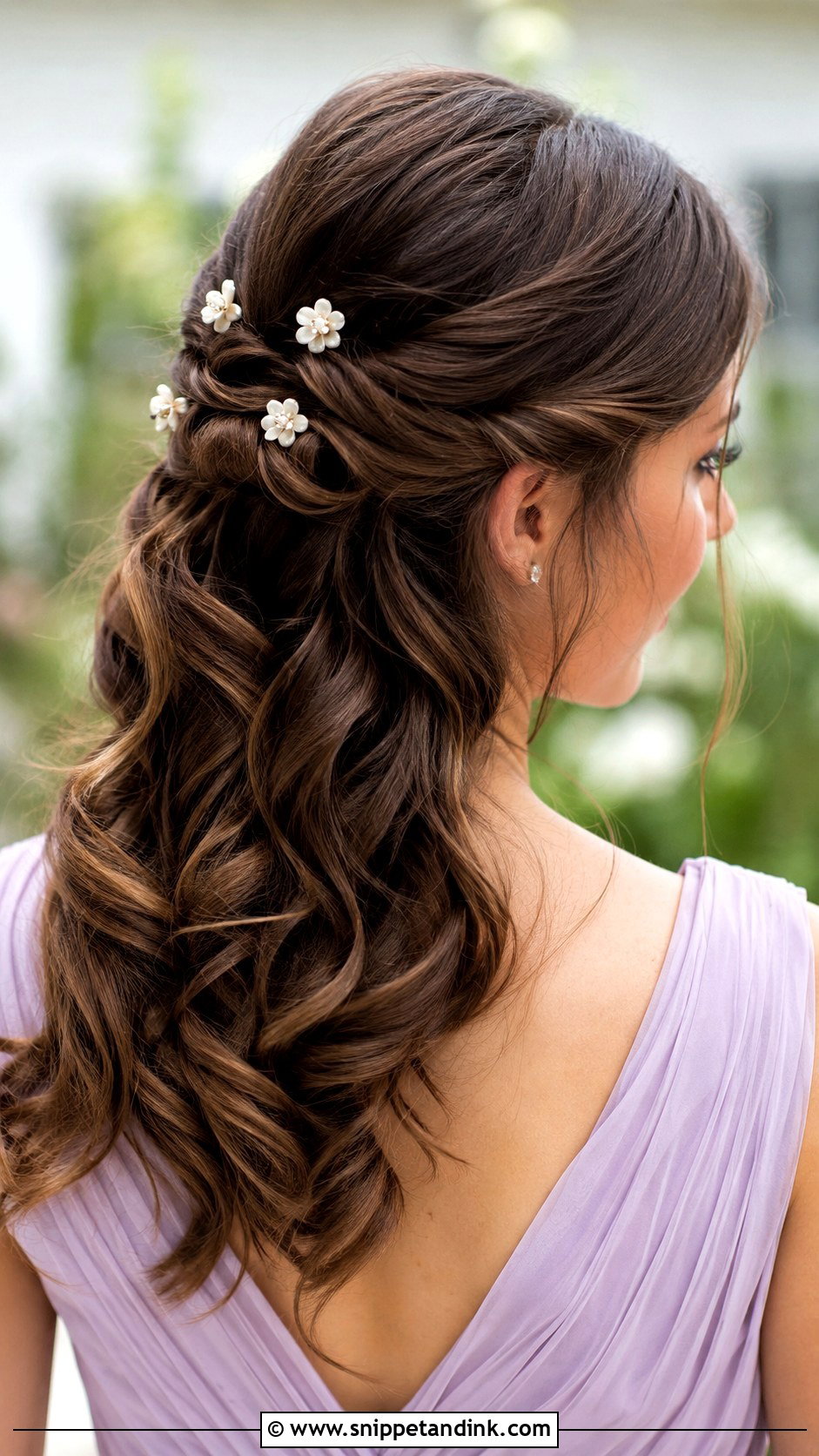 Curled Bridesmaid Hair With Floral Pins - Snippet and Ink - 20 Curled Bridesmaid Hair Ideas