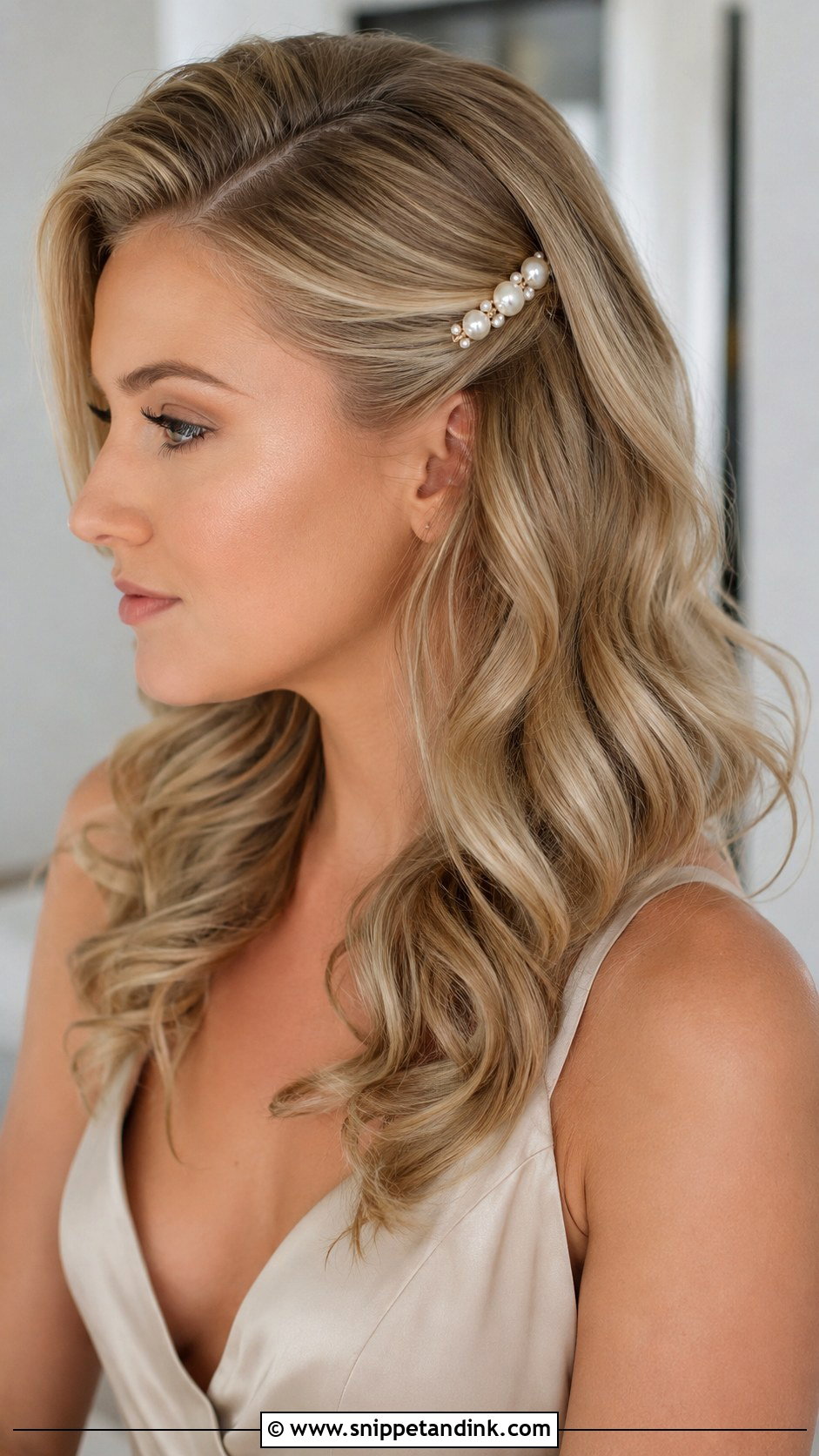 Curled Bridesmaid Hair With Pearl Clips - Snippet and Ink - 20 Curled Bridesmaid Hair Ideas