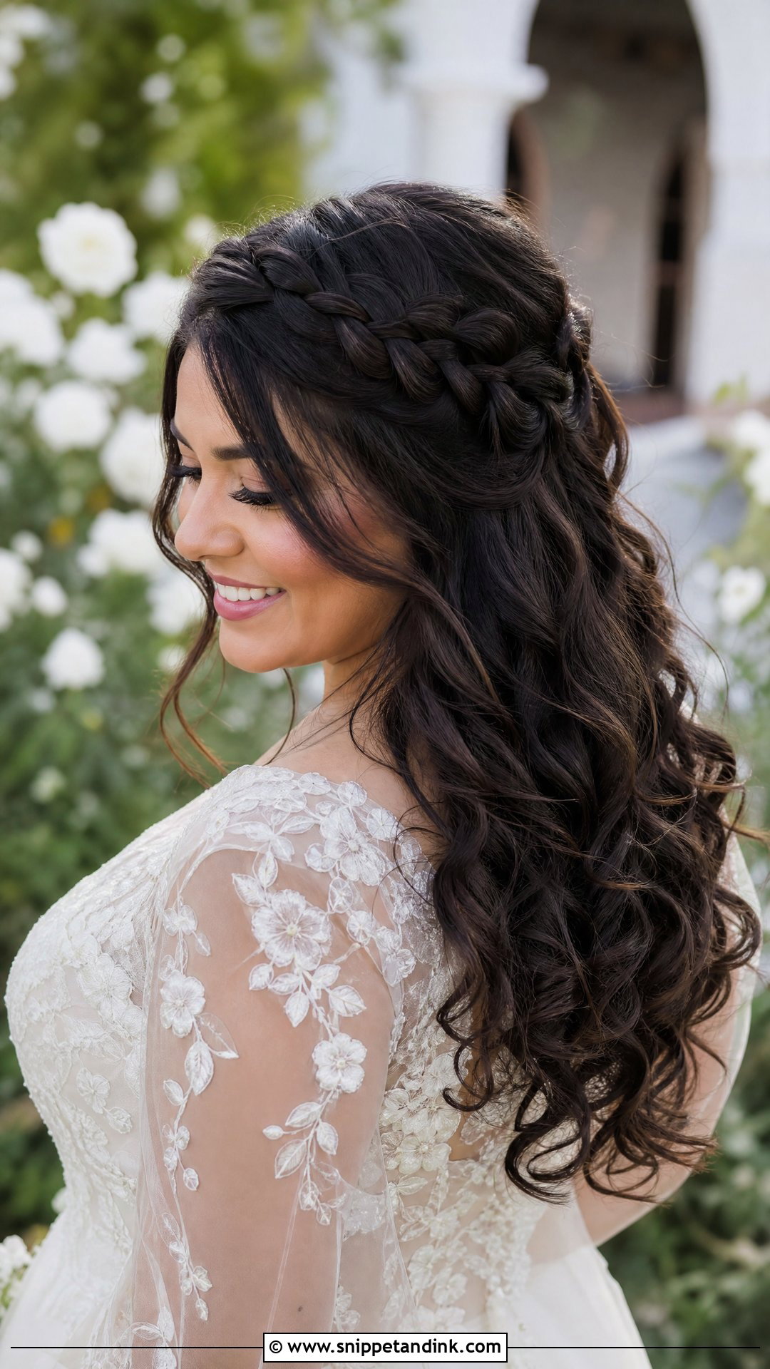 Curled Hair With Braided Crown - Snippet and Ink - 15 Curled Hair Wedding Styles