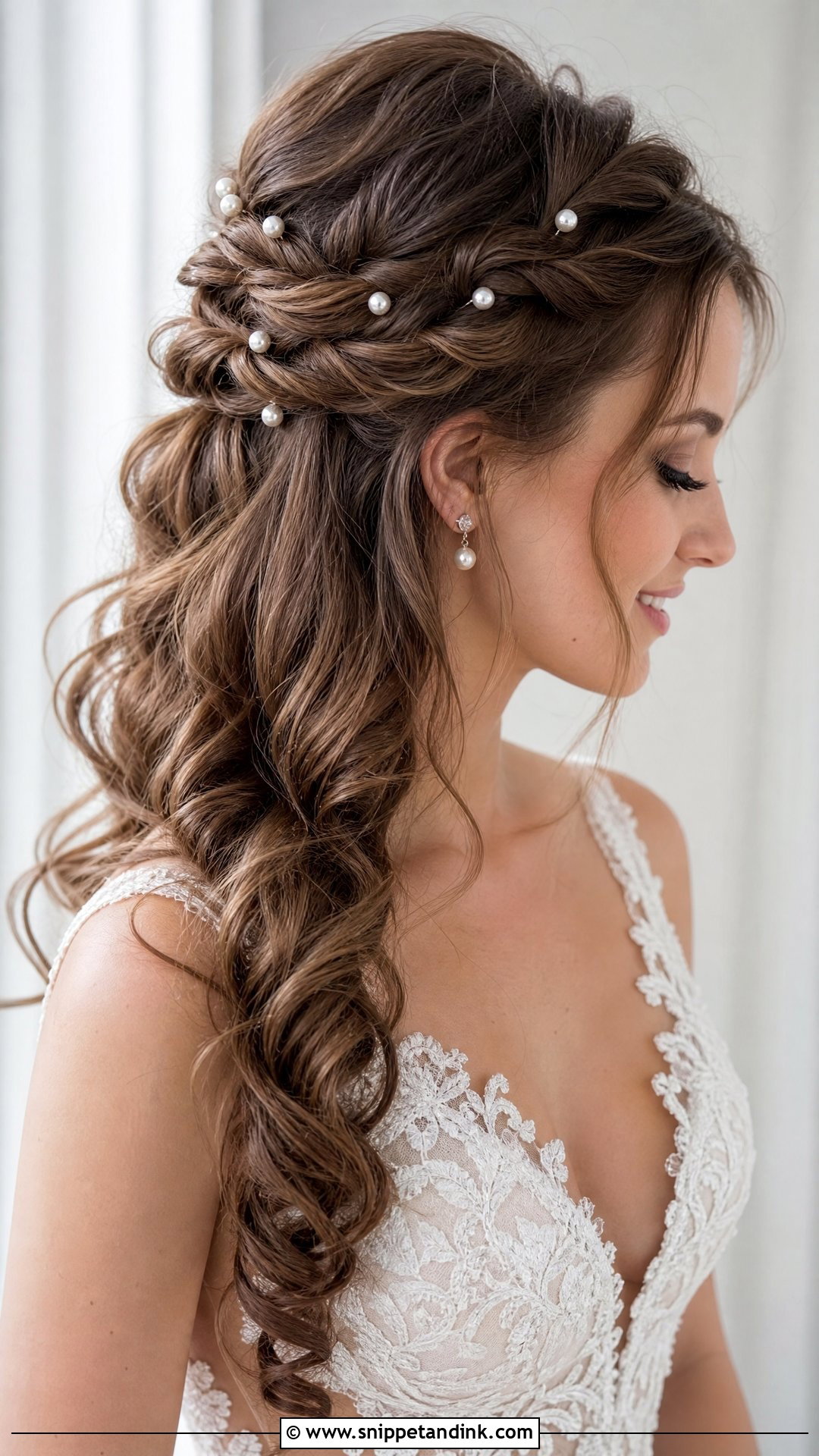 Curled Hair With Pearl Pins - Snippet and Ink - 15 Curled Hair Wedding Styles