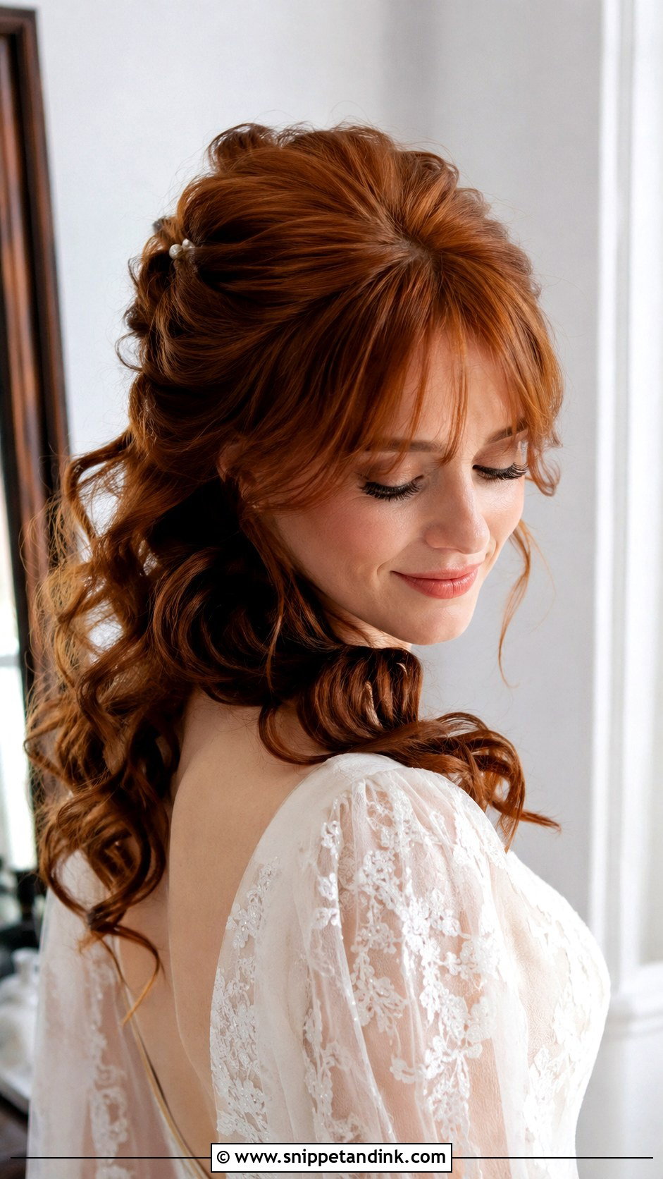 Curled Half Up Wedding Hairstyle with Bangs - Snippet and Ink - 20 Medium Bridal Hair Ideas