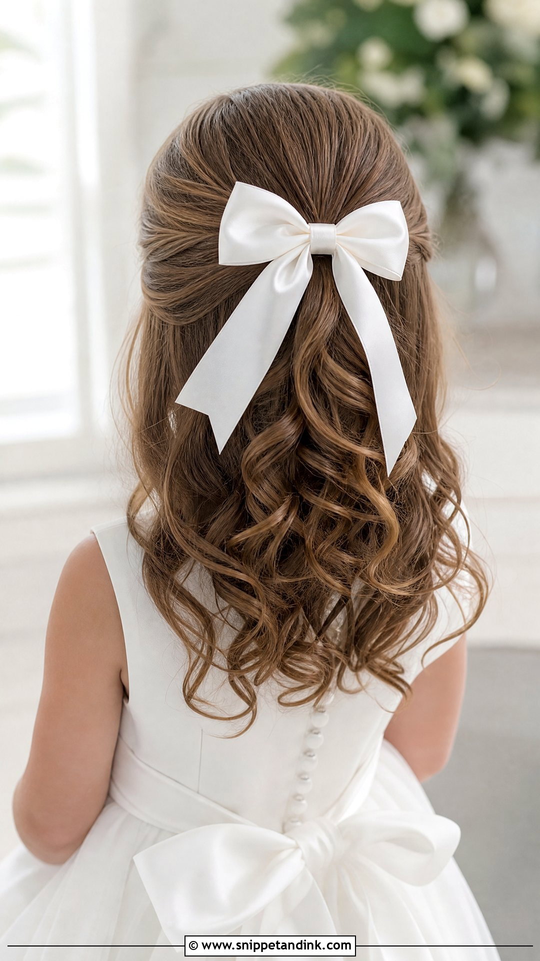 Curled Half Up With Bow - Snippet and Ink - 20 Kids Hair Styles for Wedding