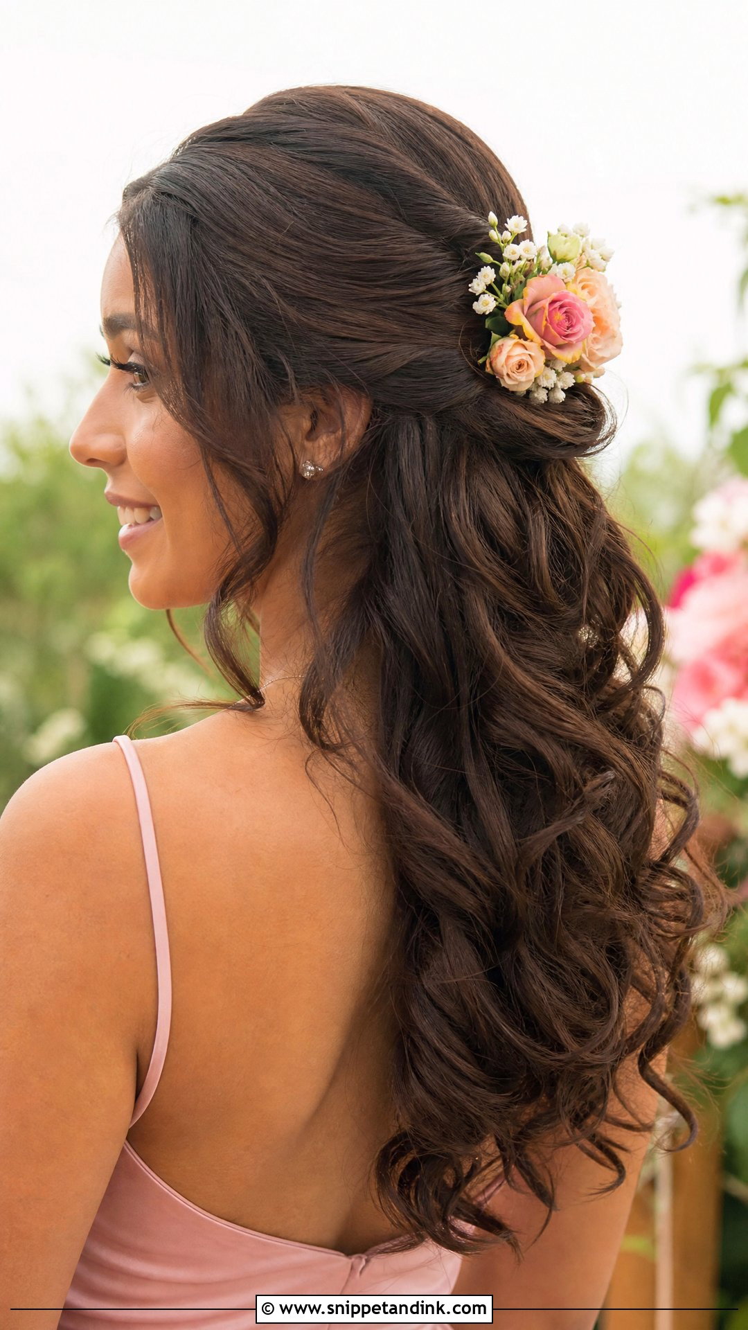 Curled Half Up With Floral Pins - Snippet and Ink - 20 Wedding Guest Long Hairstyles