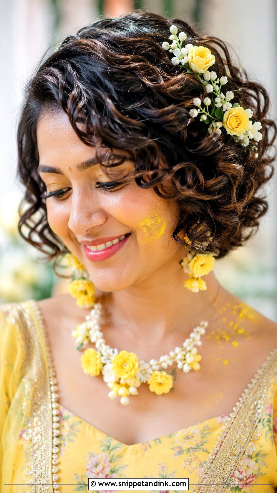 Curled Short Hair with Flowers - Snippet and Ink - 25 Short Hair Hairstyles for Wedding Indian