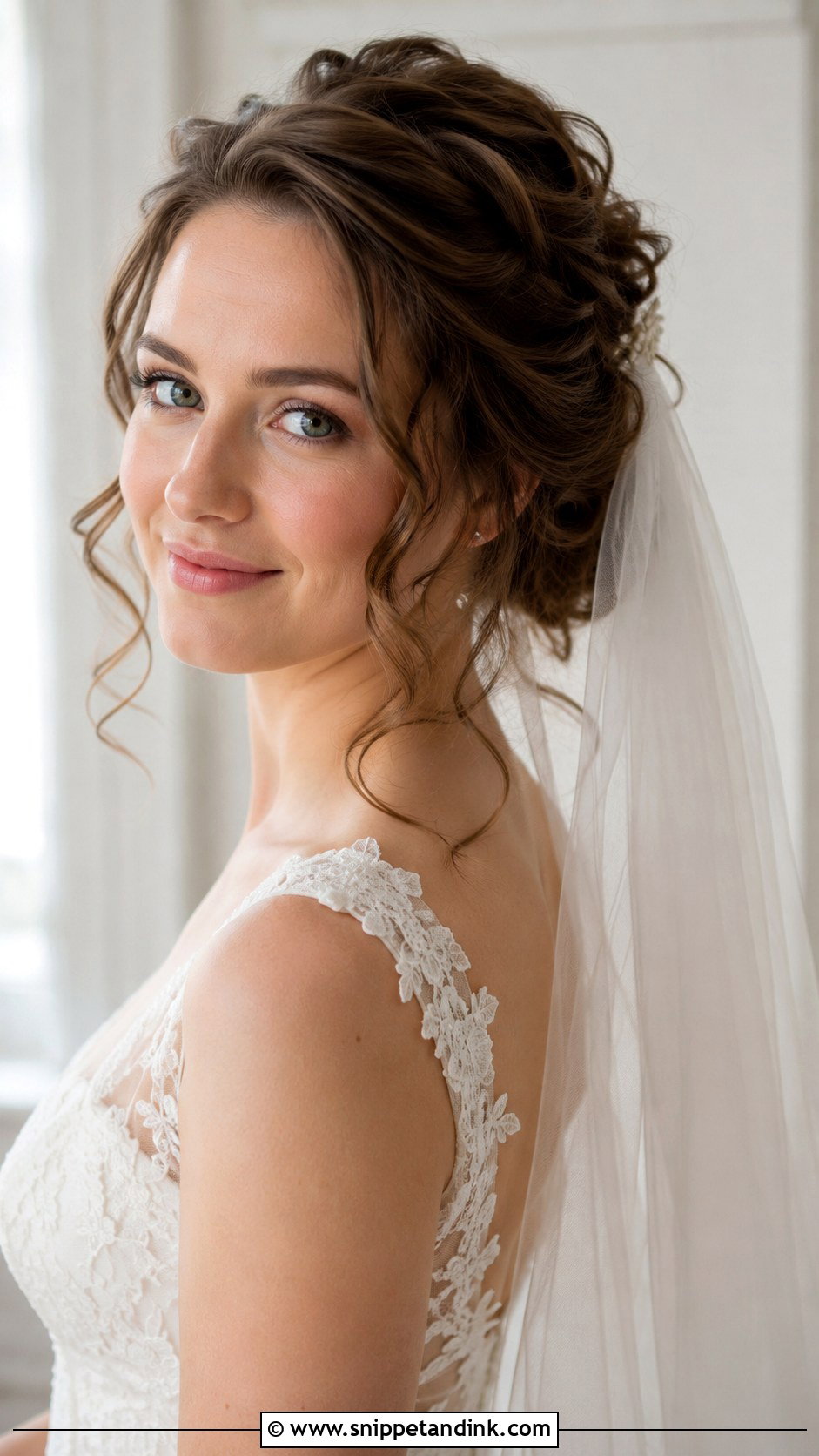 Curled Tendrils With a Cascading Veil - Snippet and Ink - 25 Veil Hair Down Ideas