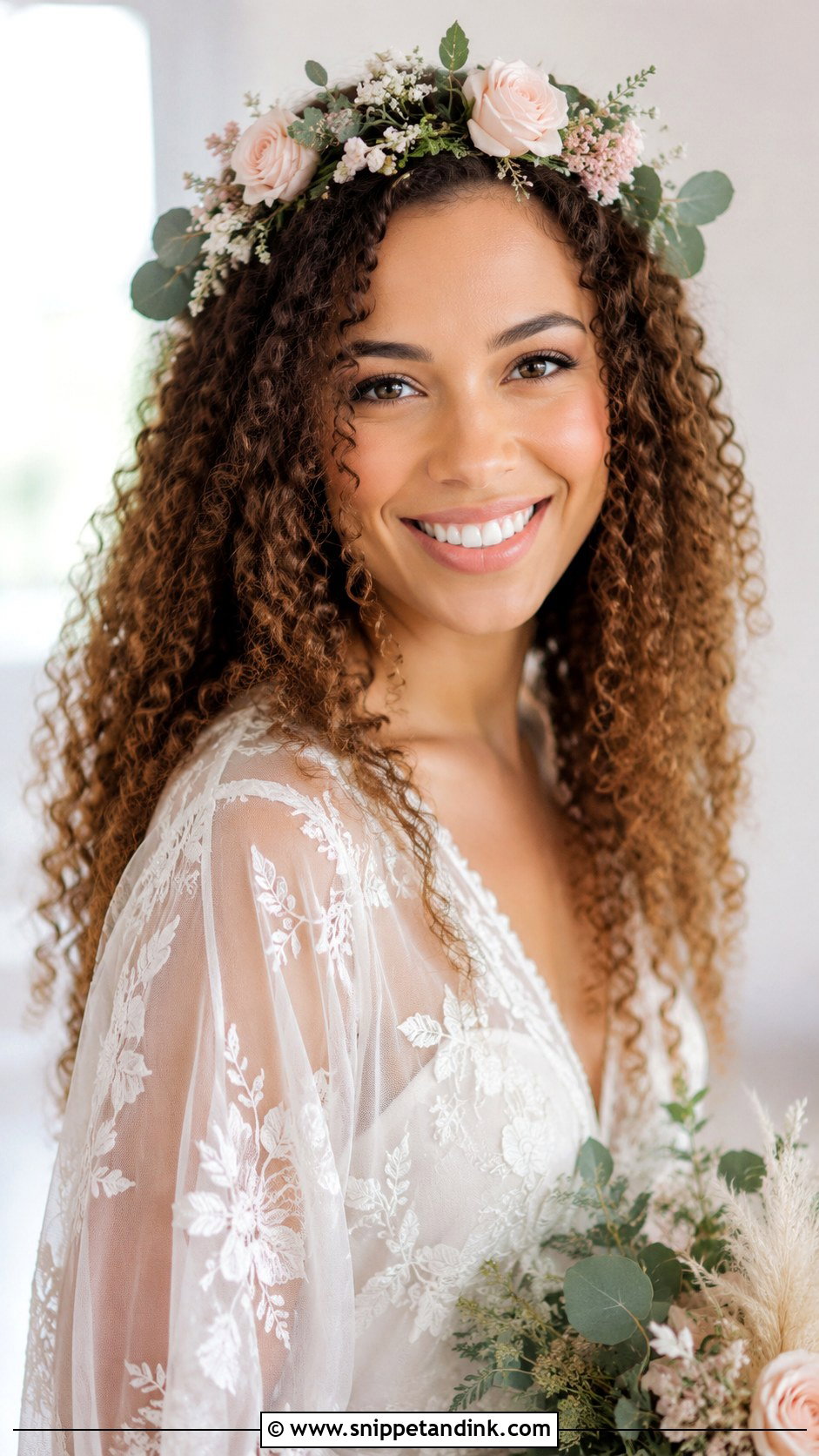 Curls Down With Flower Crown - Snippet and Ink - 30 Naturally Curly Bridal Hair Ideas